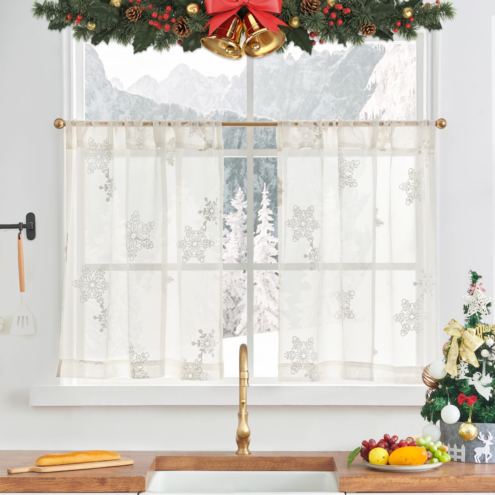 Jinchan Snowflake Embroidered Kitchen Curtains - 24 Inch Tiered Voile Winter Window Treatments for Bedroom, Bathroom, RV - Light Filtering Rod Pocket Panels (Set of 2, White) - Perfect for Cozy Winter Decor & Small Window Coverings