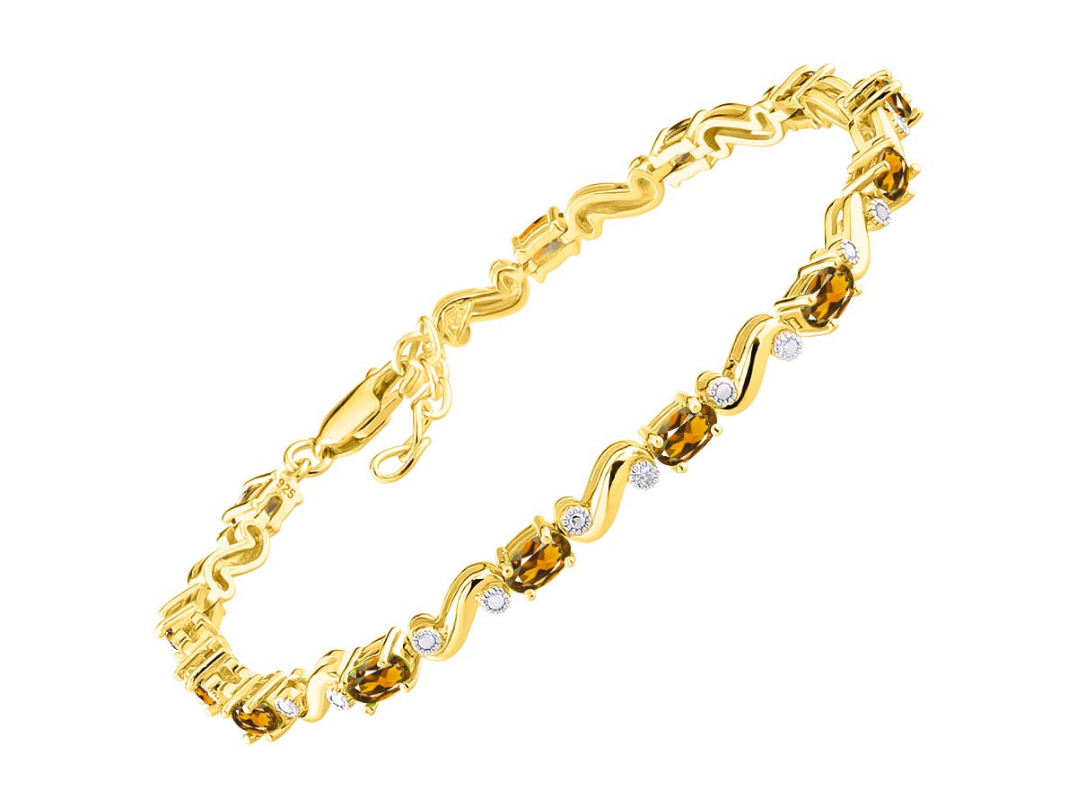 Elegant Yellow Gold Plated Silver Tennis Bracelet for Women - 13 Stunning 5x3mm Gemstone & Diamond Accents, Adjustable 7