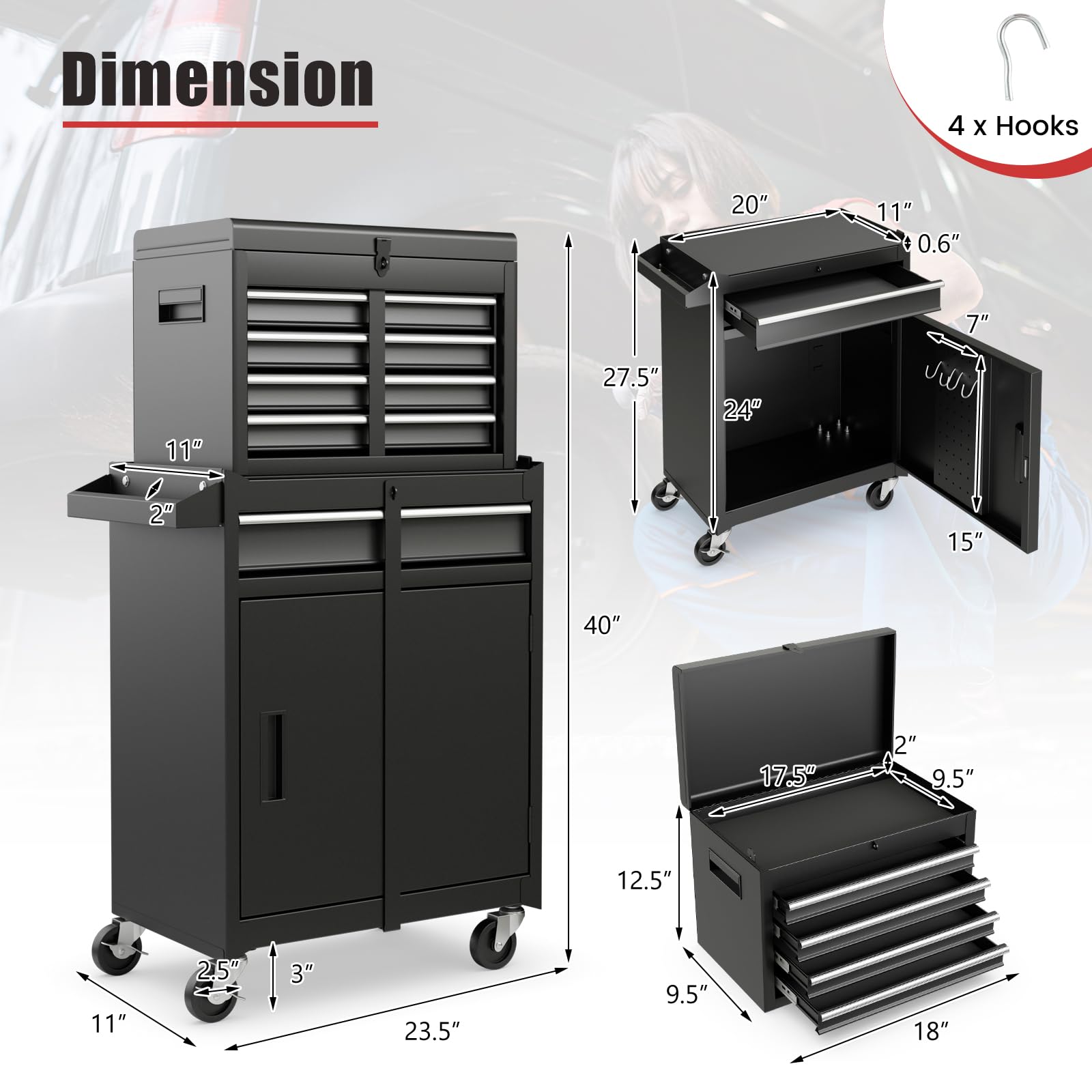 Casart 5-Drawer Rolling Tool Cabinet with Lockable Drawers & Wheels - Heavy Duty Mobile Tool Storage Organizer for Garage, Workshop, and DIY Projects