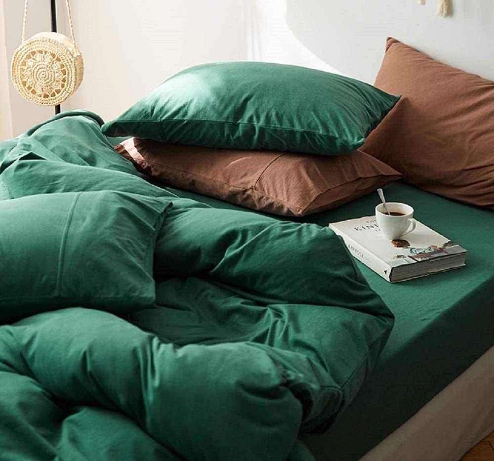 3 Piece Emerald Green Bedding Set - 100% Cotton King/Queen/Twin/Full Duvet Cover Set with Pillowcases | Soft Luxury Bed Sheets for Master Bedroom & Guest Room | Breathable Comforter Cover for All Seasons