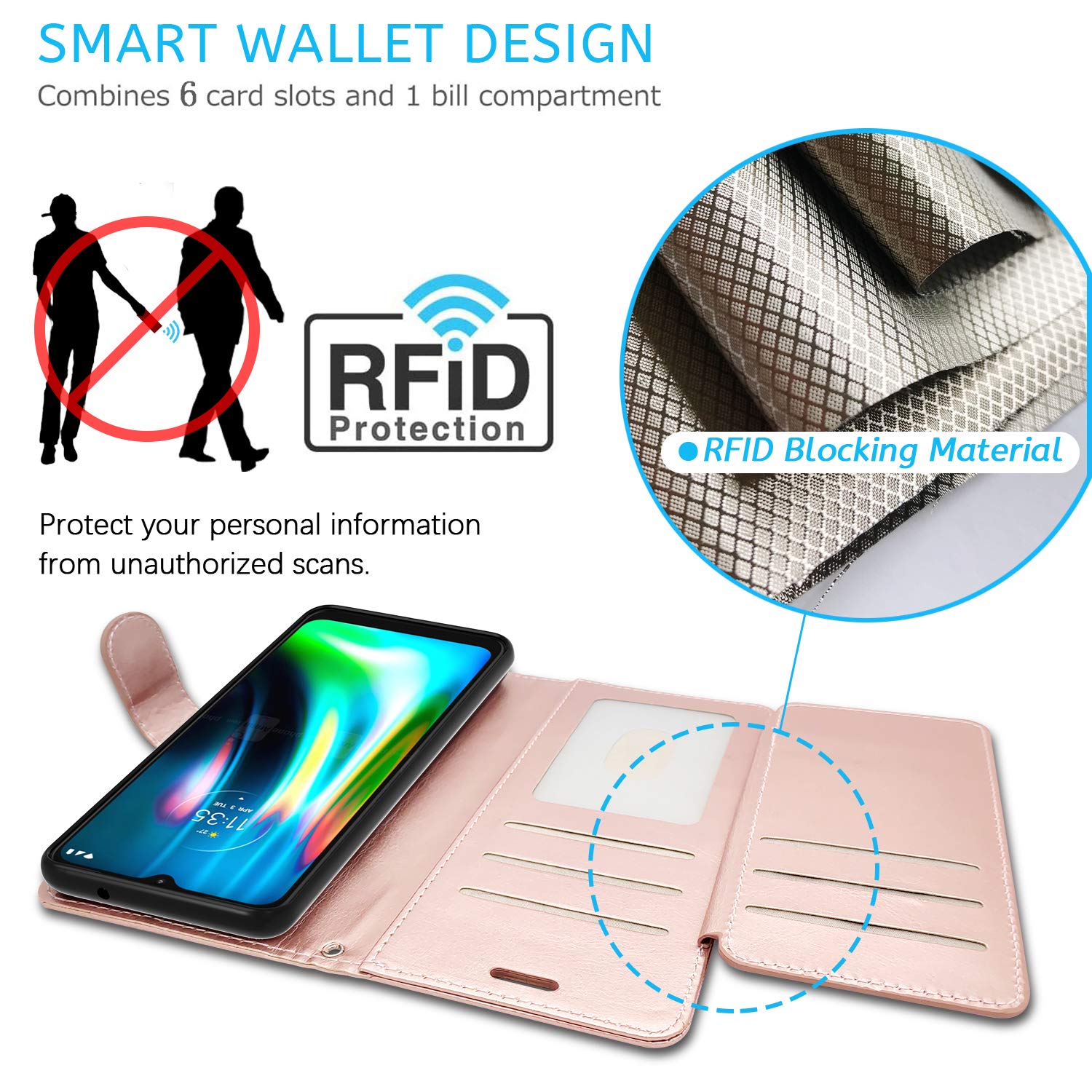 Premium RFID Blocking PU Leather Flip Folio Stand Case for Motorola Moto G9 Play/G9 - Rose Gold | Wallet Phone Cover with Card Slots | Perfect for Travel, Business & Daily Protection