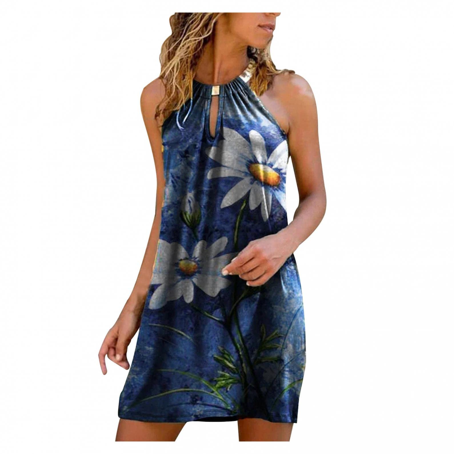 Women's Floral Print Halter Neck Sleeveless Mini Dress - Summer & Spring Casual Sundress for Beach, Party, and Vacation Outfits
