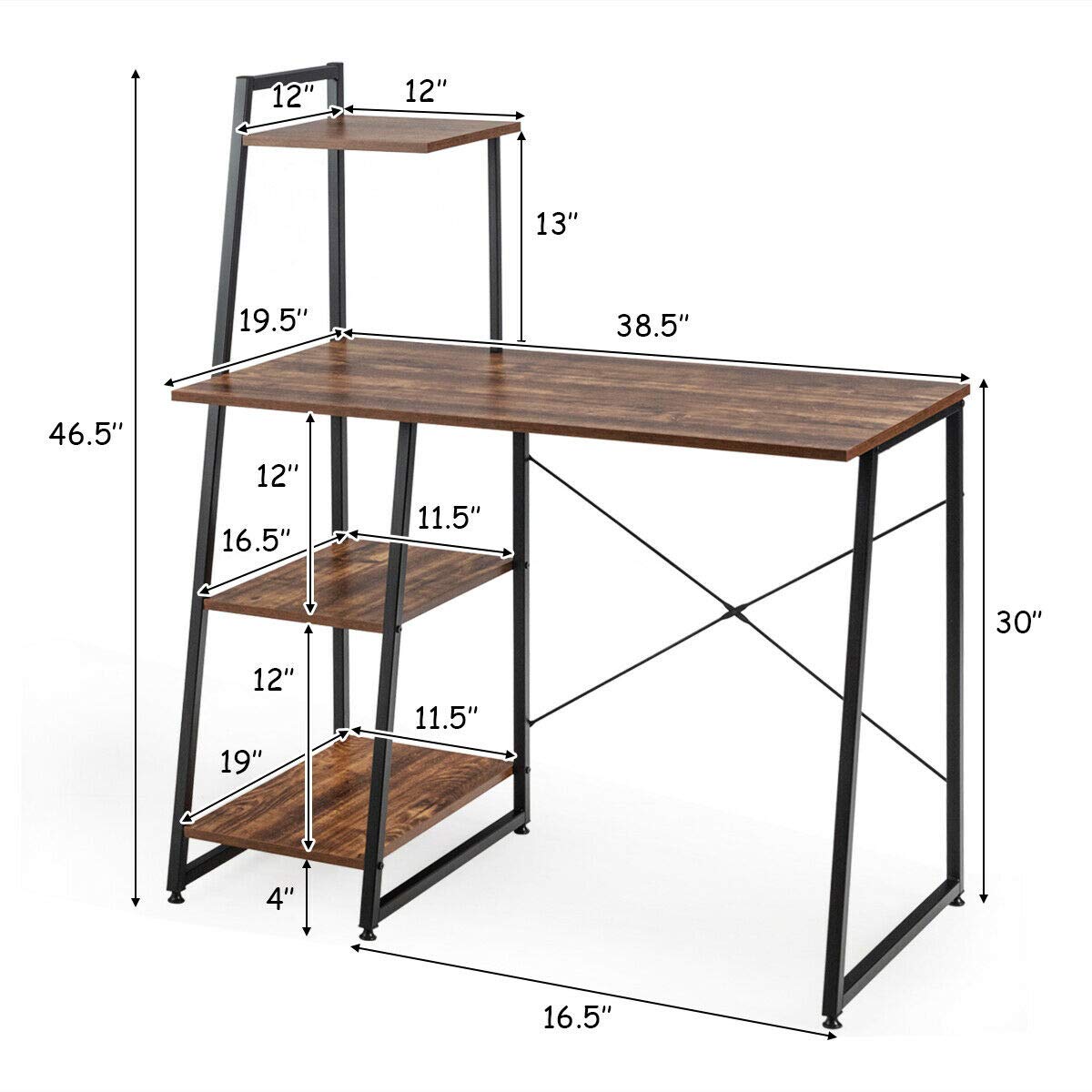 Brown Computer Desk with 4-Tier Storage Shelves - 55 Inch Home Office Desk for Laptop, PC & Study - Sturdy Writing Table with Side Storage for Living Room, Bedroom & Workspace - Ideal for Remote Work, Online Classes & Home Office Setup