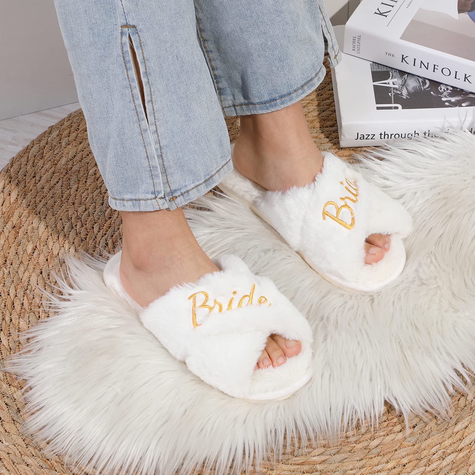 White Fuzzy Bridal Slippers for Wedding Day - Soft Plush Bride Slippers for Bachelorette Party, Bridal Shower Gift - Perfect for Getting Ready Photos & Wedding Morning Comfort