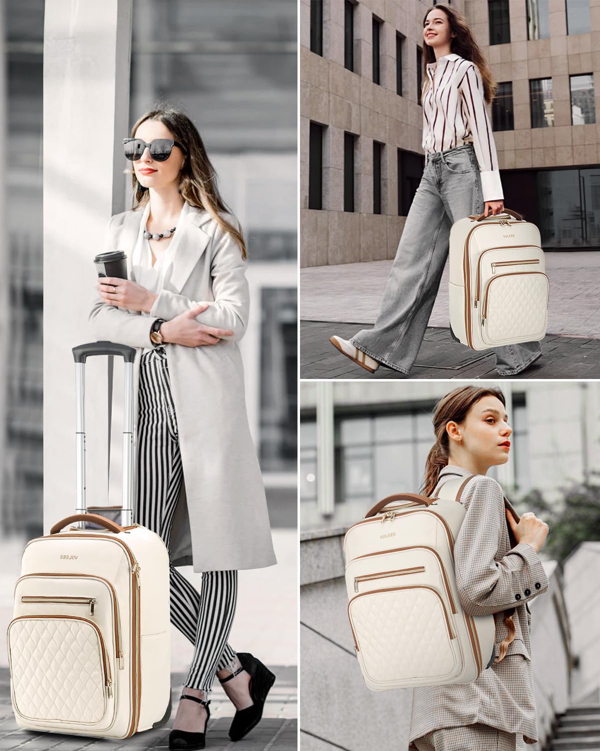 17 Inch Rolling Backpack with Wheels - Water-Resistant Wheeled Laptop Backpack for Women & Men, Carry-On Computer Bag for Travel, College, Work & Commute (Beige) | Perfect for Business Trips, School & Airplane Use