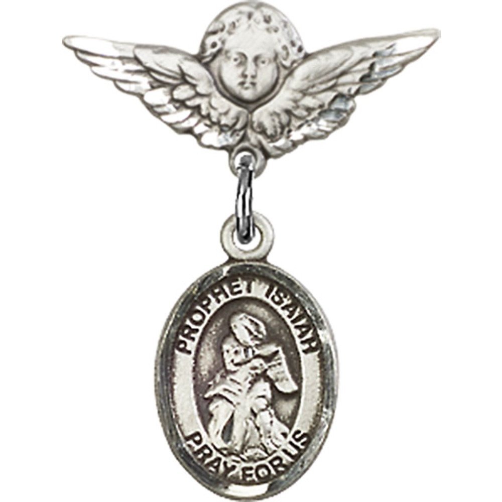 Sterling Silver Baby Badge with St. Isaiah Charm & Angel Wing Pin - 7/8