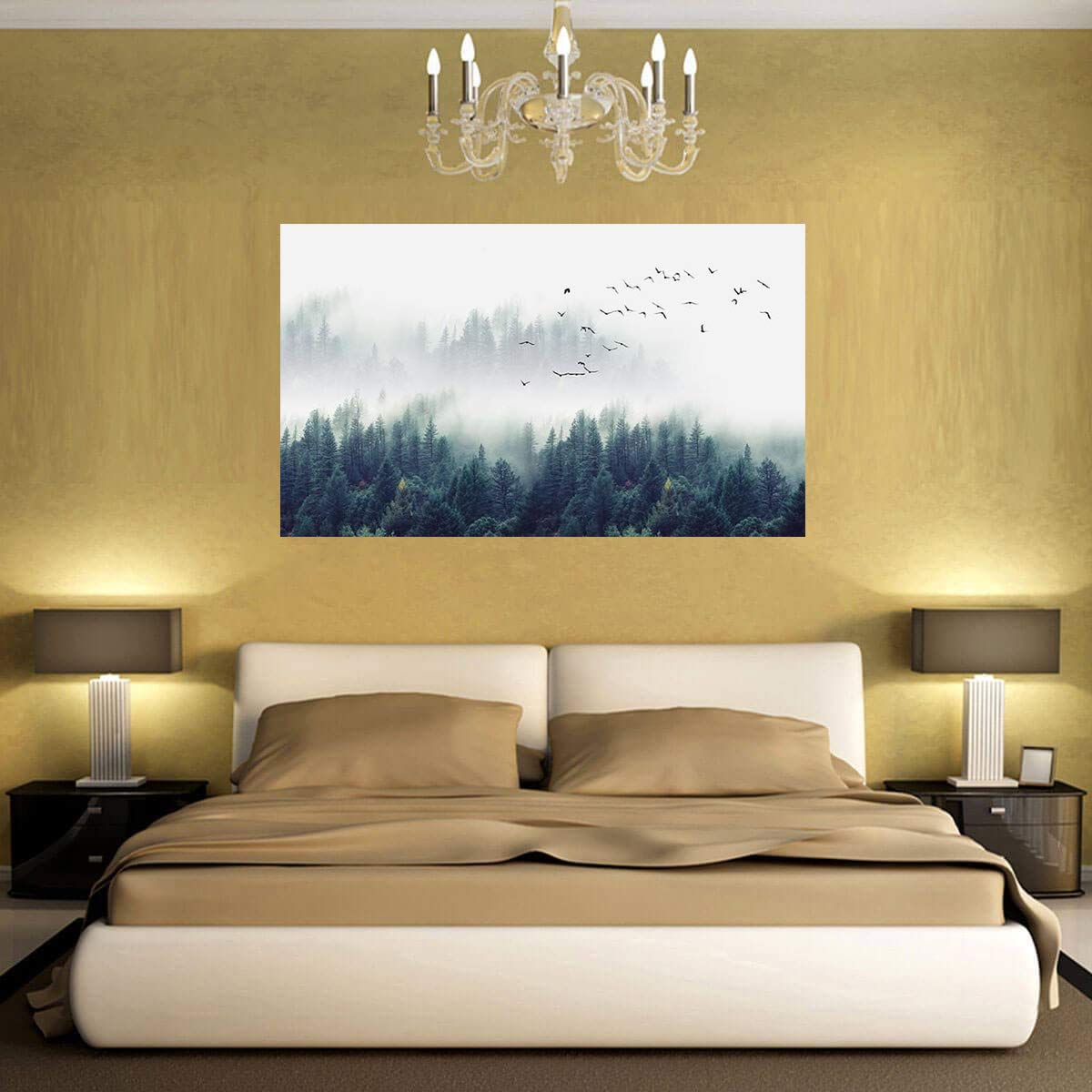 ZENDA Foggy Forest Wall Art - Mountain Landscape Painting with Birds - Framed Canvas Print for Living Room & Home Decor - Perfect for Nature Lovers & Cozy Spaces