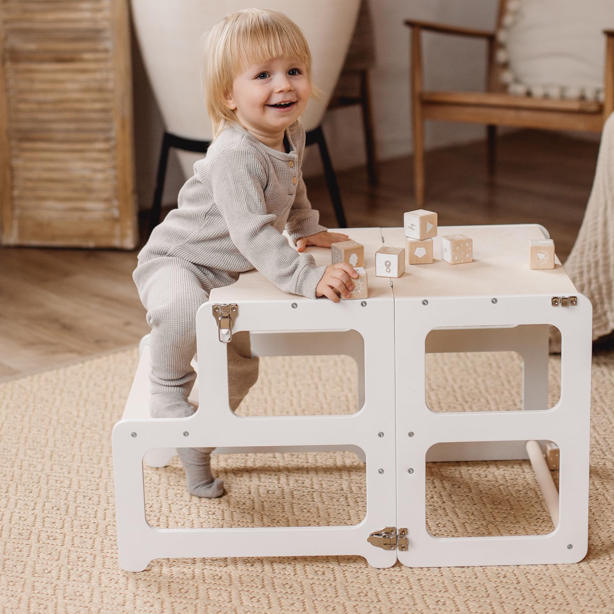 Montessori Kitchen Tower for Toddlers - Natural Wood Learning Stool with Extra Chair - Safe Step-Up Helper for Cooking & Baking Activities