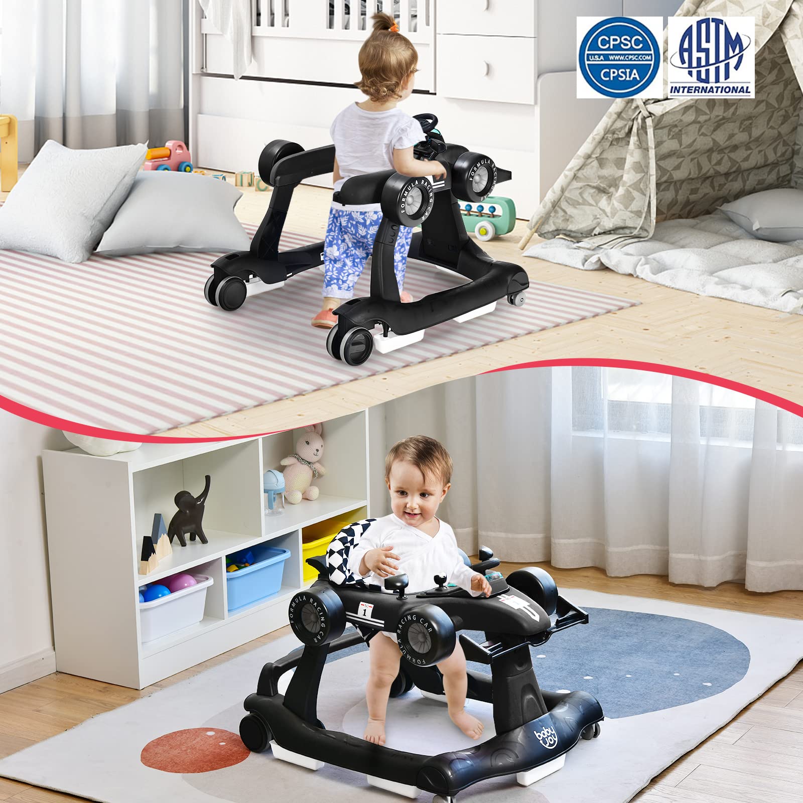 BABY JOY 4-in-1 Foldable Baby Walker with Adjustable Height & Speed - Musical Light-Up Activity Walker with Anti-Rollover Wheels for Toddlers 6-18 Months (Black) | Perfect for Learning to Walk, Indoor Play & Early Development
