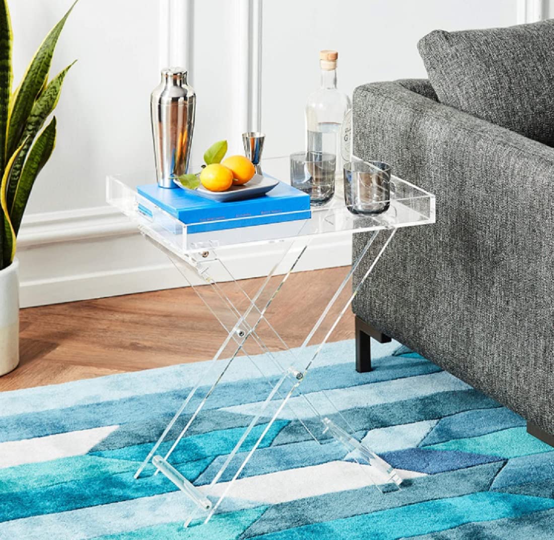 Gdrasuya10 Clear Acrylic Folding Tray Table - 19 Inch Modern Square Coffee Table & Portable Serving Table for Small Spaces - Perfect for Living Room, Bedroom, Balcony & Outdoor Use