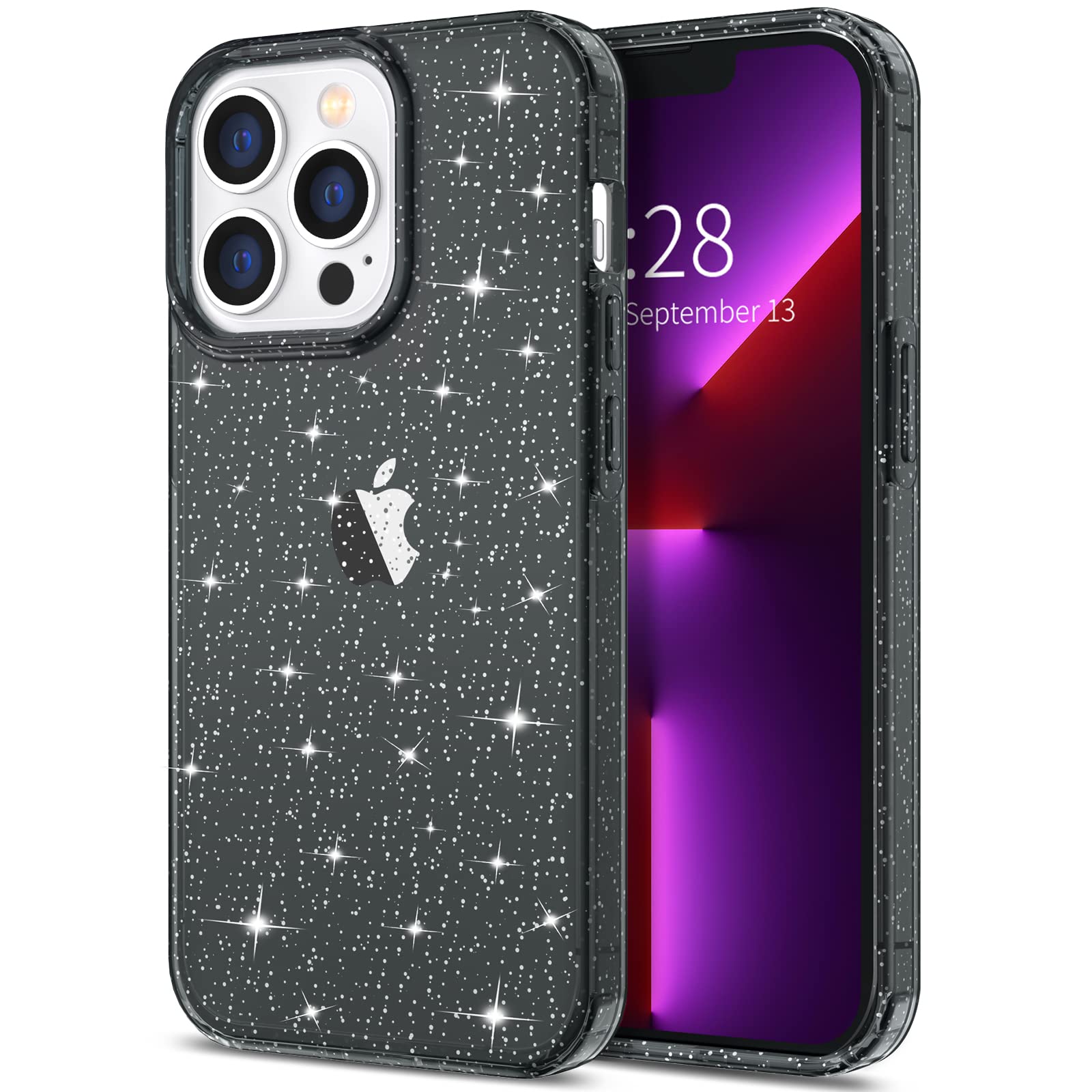 Hython Glitter Case for iPhone 13 Pro Max - Sparkly Clear Hard PC Protective Phone Cover with Anti-Scratch & Shockproof Design - Slim Fit Cute Bling Case for Women & Girls (Black Glitter) - Perfect for Everyday Use, Parties & Gifts