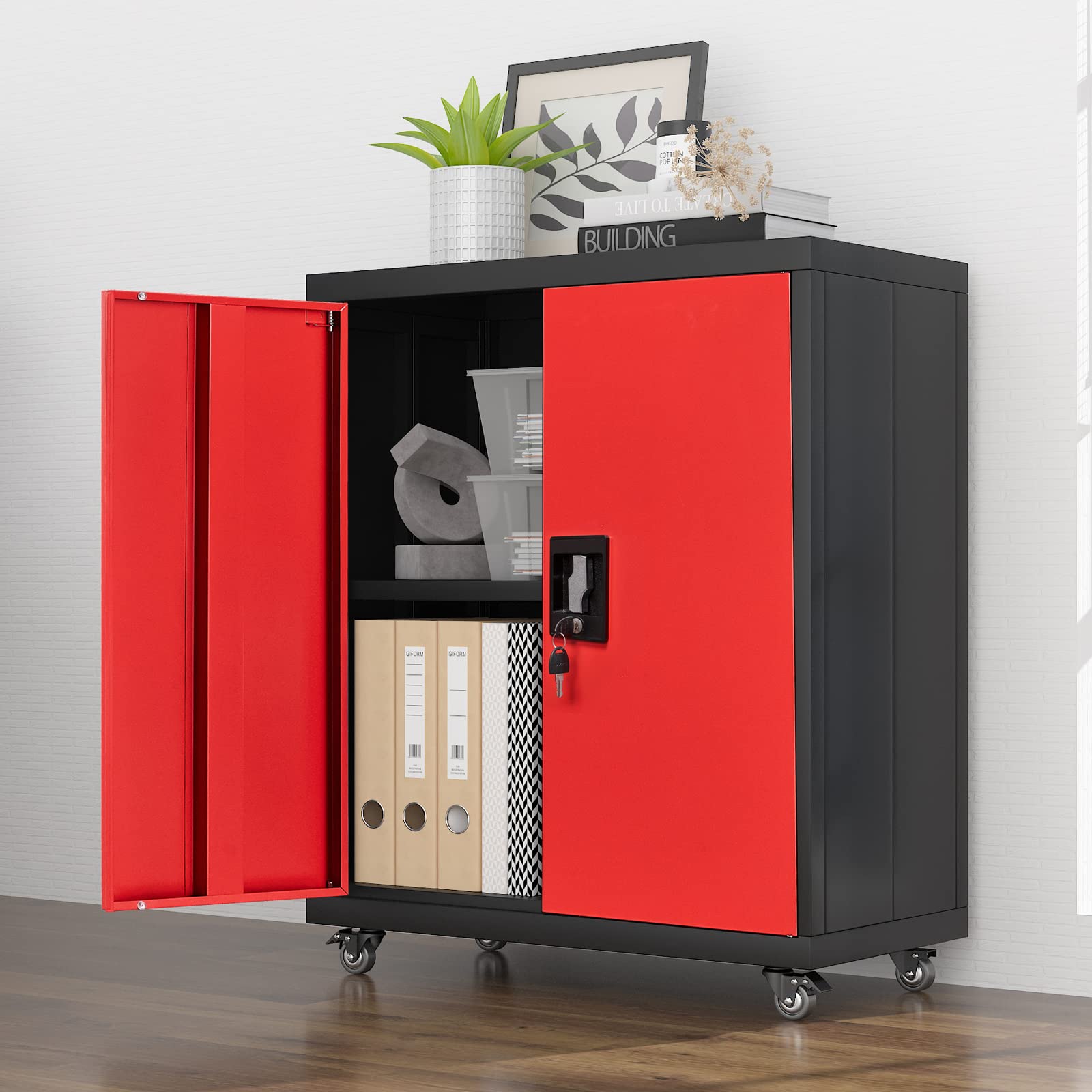 GREATMEET Locking Metal Storage Cabinet - Adjustable Shelves Garage Closet for Home & Office Organization (Black & Red) | Perfect for Tools, Office Supplies & Household Storage