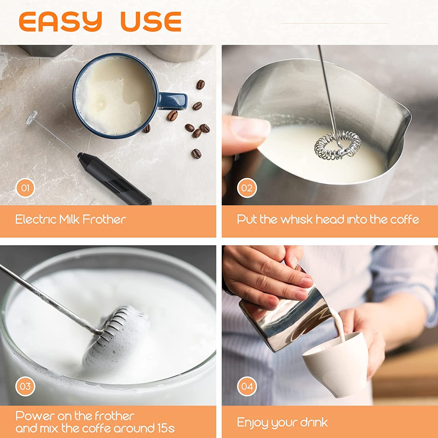 Electric Milk Frother for Coffee, Latte & Hot Chocolate - Handheld Battery Operated Mini Frother with Stainless Steel Whisk - Perfect for Home, Office & Travel Use