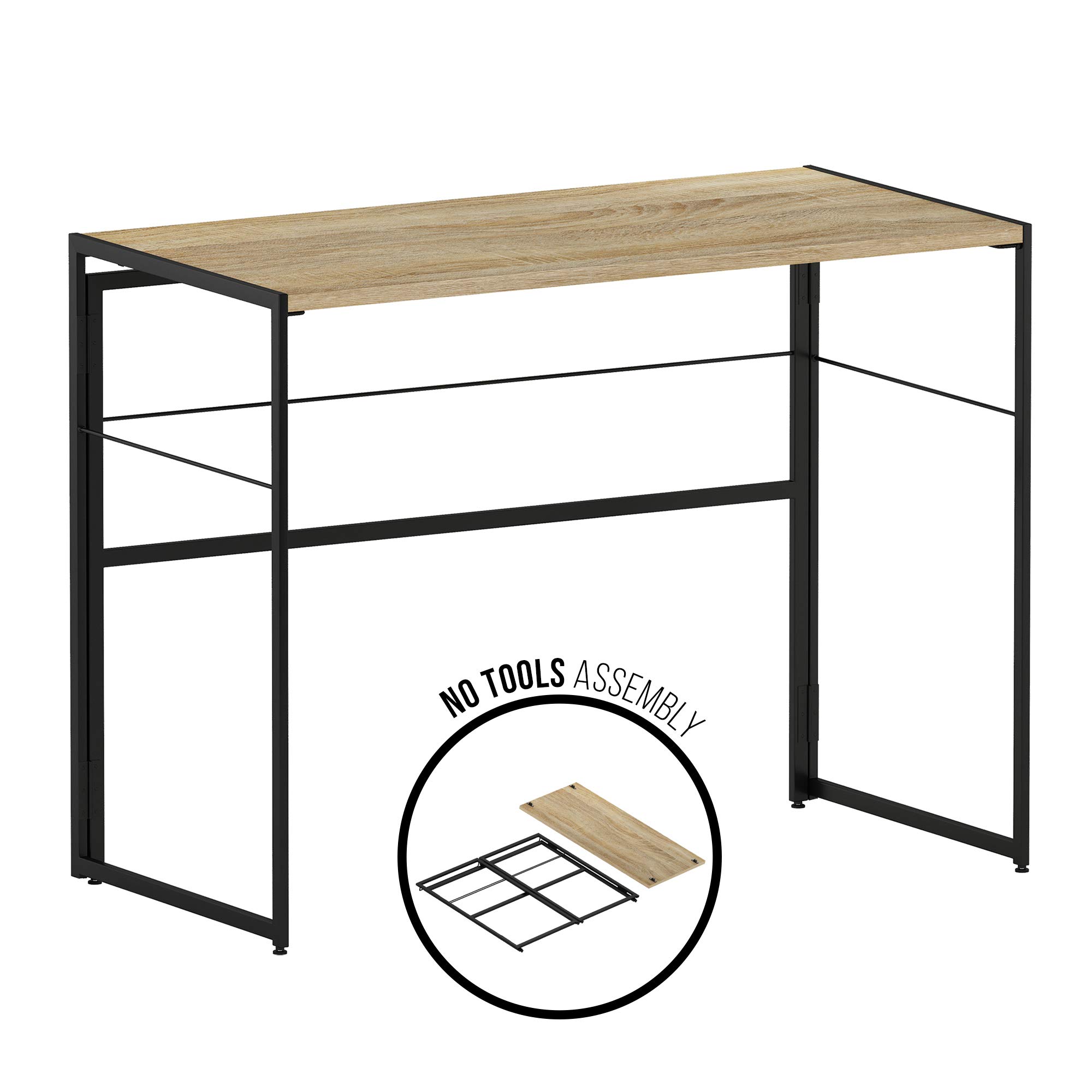 Furinno Riau No-Tool Assembly Folding Metal Computer Desk - 39 Inch, Sonoma Oak & Black Finish | Perfect for Home Office, Gaming & Small Spaces