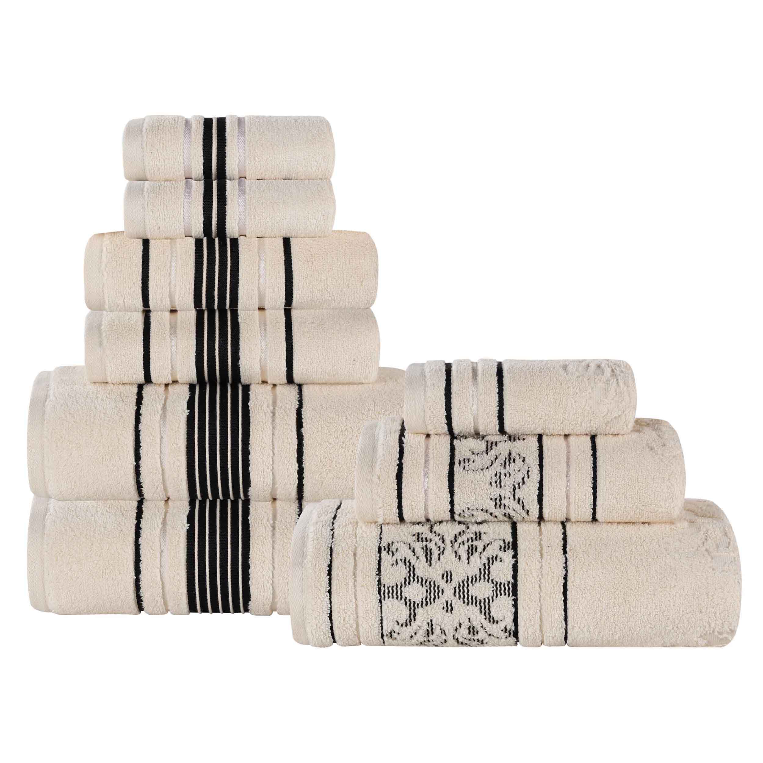 Sadie 9-Piece Zero Twist Cotton Towel Set - Solid & Jacquard Floral Bath Towels, Hand Towels & Washcloths - Soft & Absorbent for Bathroom, Spa & Guest Room