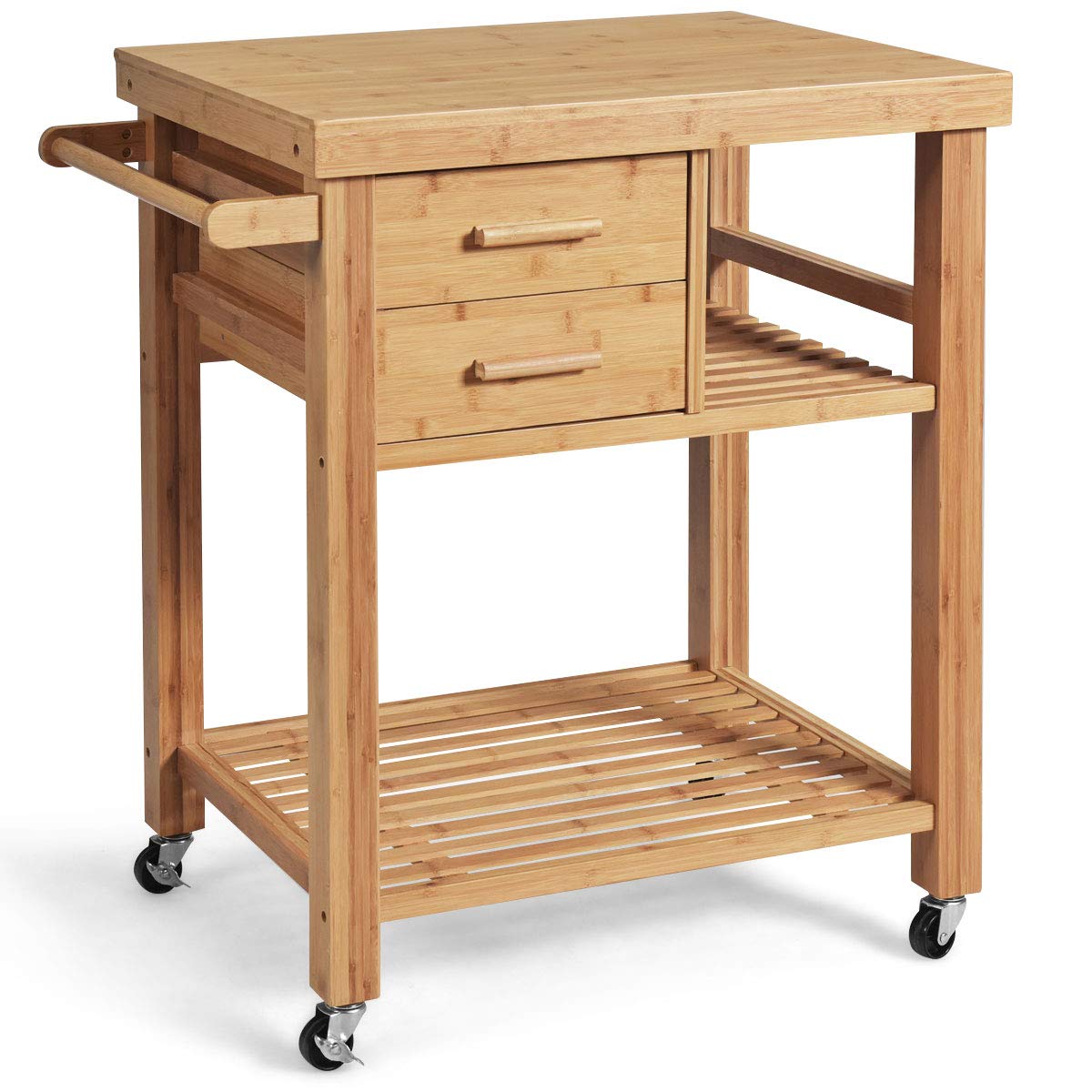 **Giantex Bamboo Kitchen Island Cart with 2 Drawers, Towel Rack & Locking Casters - Natural Wood Rolling Kitchen Trolley for Small Spaces, Dining Room & Food Prep**