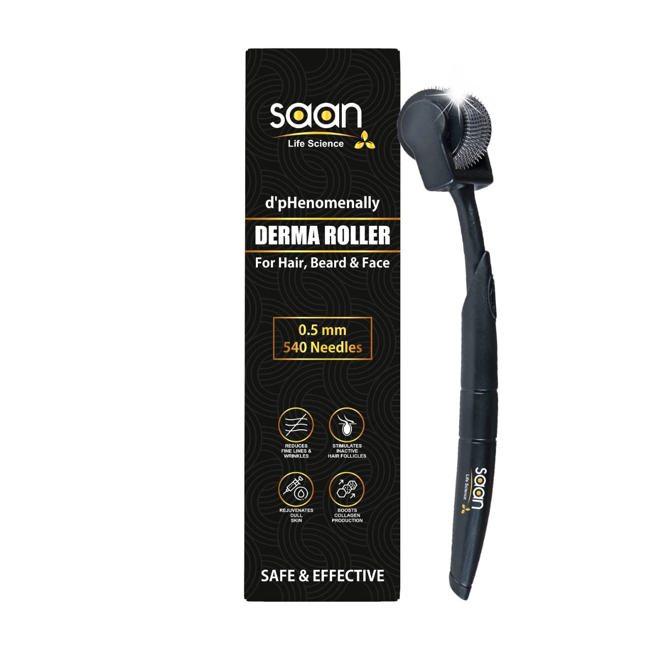 SAAN Derma Roller 540 Titanium Micro Needles 0.5mm for Hair Growth & Beard Stimulation | Face Roller for Acne Scars, Wrinkles & Stretch Marks | At-Home Scalp & Skin Care Treatment | Perfect for Men & Women's Beauty Routine
