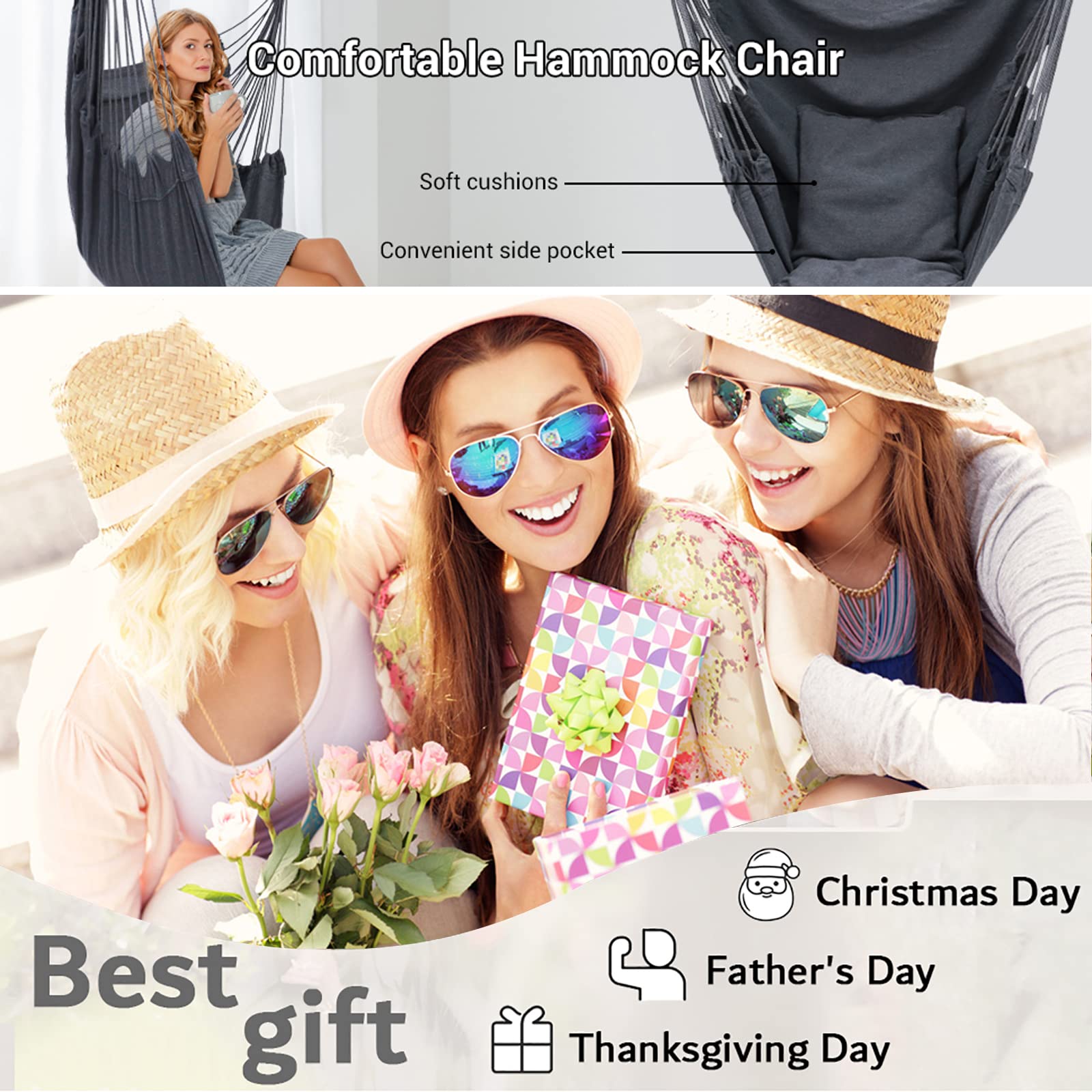 Comfortable Cotton Hammock Chair Swing with Cushions - Indoor/Outdoor Hanging Seat for Patio, Porch, Bedroom & Backyard - Supports 330lbs - Perfect for Relaxing, Reading & Lounging