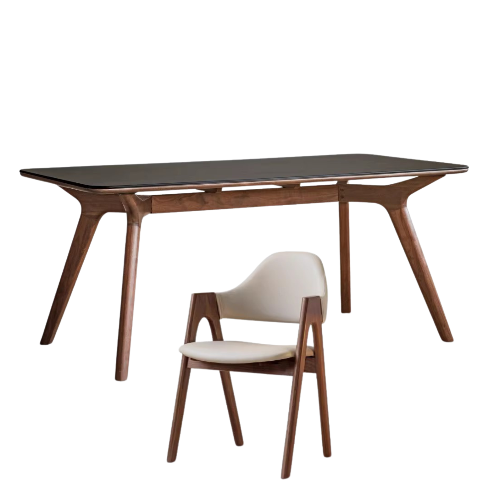 78.7x35.4x29.9 inch / 200x90x76 cm / Rich Dark Walnut color / Rock board dining table + Four Chairs Cream White