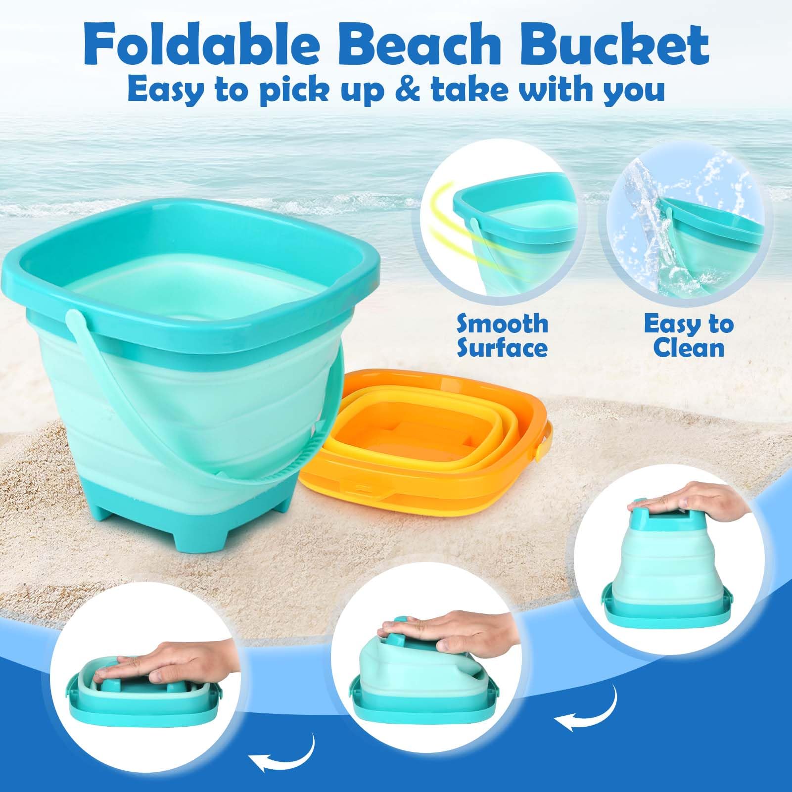Dreamon Collapsible Beach Toys for Kids Ages 3-10 - 3 Pack Foldable Sand Buckets with Mesh Bag, 24 PCS Sand Molds & Shovels - Travel Friendly Sandbox Toys for Toddlers | Perfect for Beach Vacations, Backyard Play & Summer Outdoor Activities