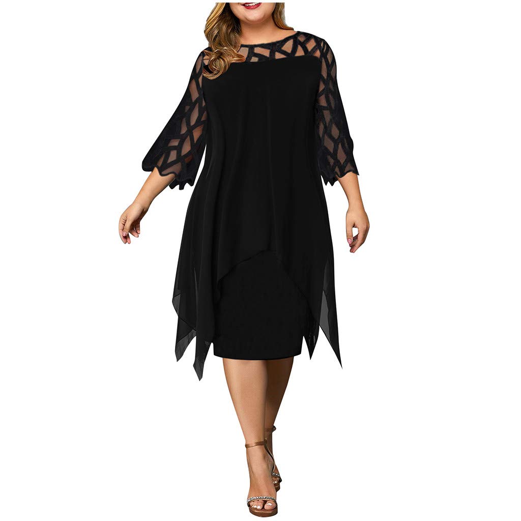 Usuma Women's Plus Size Midi Dress - Flattering Mesh Chiffon Hollow Out Round Neck Blouse Shirt Dress for Maternity | Perfect for Office Wear, Summer Outfits & Special Occasions