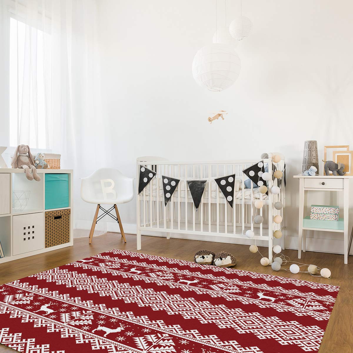 4' x 6' Christmas Reindeer Area Rug - Non-Slip Indoor Outdoor Rug, Easy Clean Scandinavian Winter Design for Living Room, Patio, Deck & Picnic - Holiday Home Decor Gift