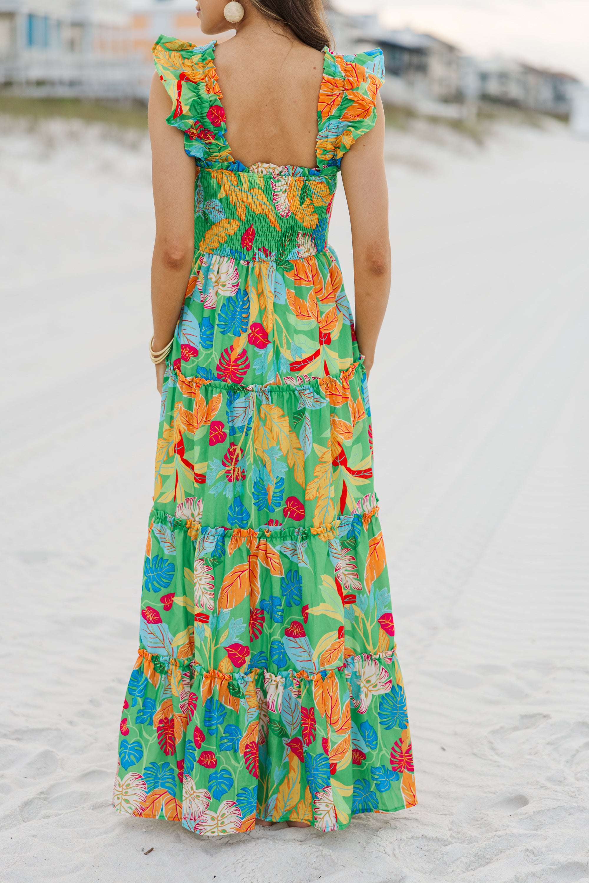 Stylish Green Tropical Maxi Dress for Women - Flowy Summer Beach Dress with Pockets | Perfect for Vacations, Resorts & Tropical Getaways