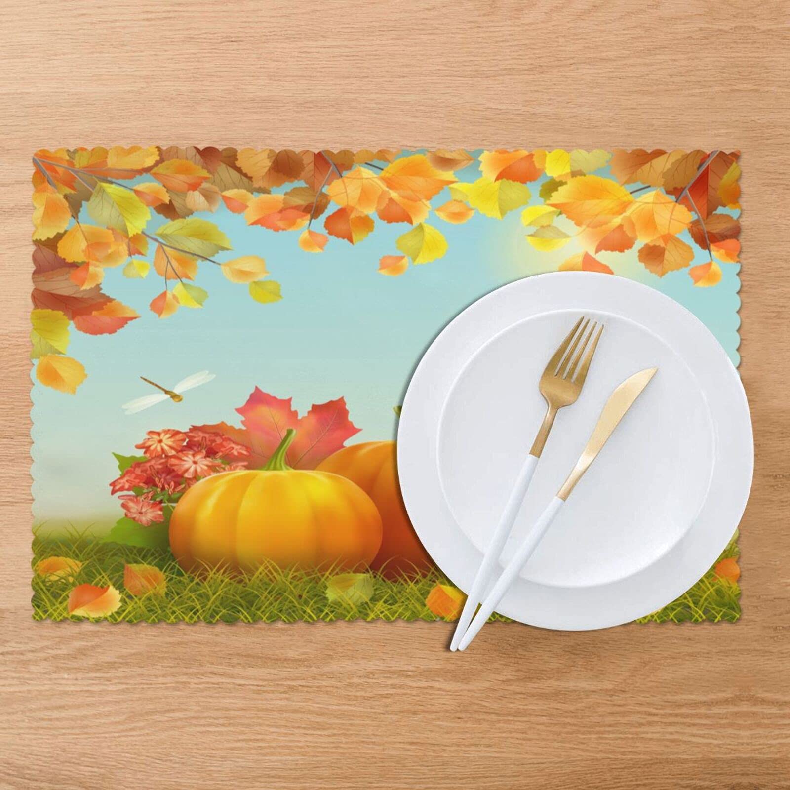 Happy Thanksgiving Day Placemats Set of 4 - 12 x 18 Inch Fall Leaves Design Washable & Heat-Resistant Table Mats for Kitchen Dining - Orange Home Decor | Perfect for Thanksgiving Dinner, Autumn Parties & Holiday Table Settings