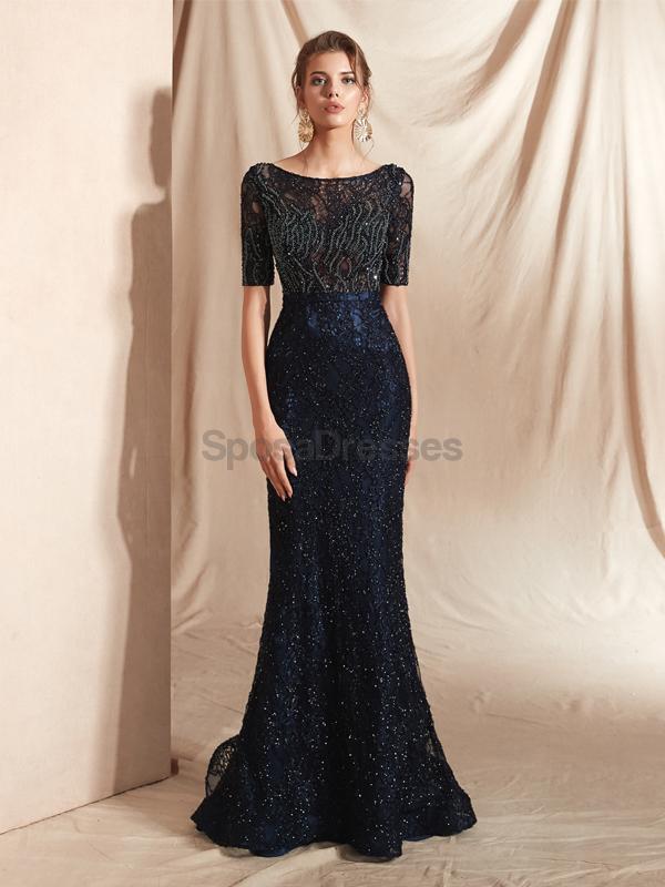 Elegant Navy Blue Long Sleeve Lace Beaded Mermaid Prom Dress for Evening Parties & Formal Events - Perfect for Homecoming, Wedding Guest & Special Occasions