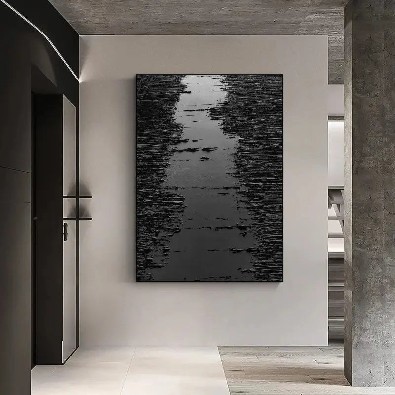 Modern Black Minimalist Textured Canvas Wall Art Painting - Abstract Home Decor for Living Room, Bedroom & Office | #MZ008