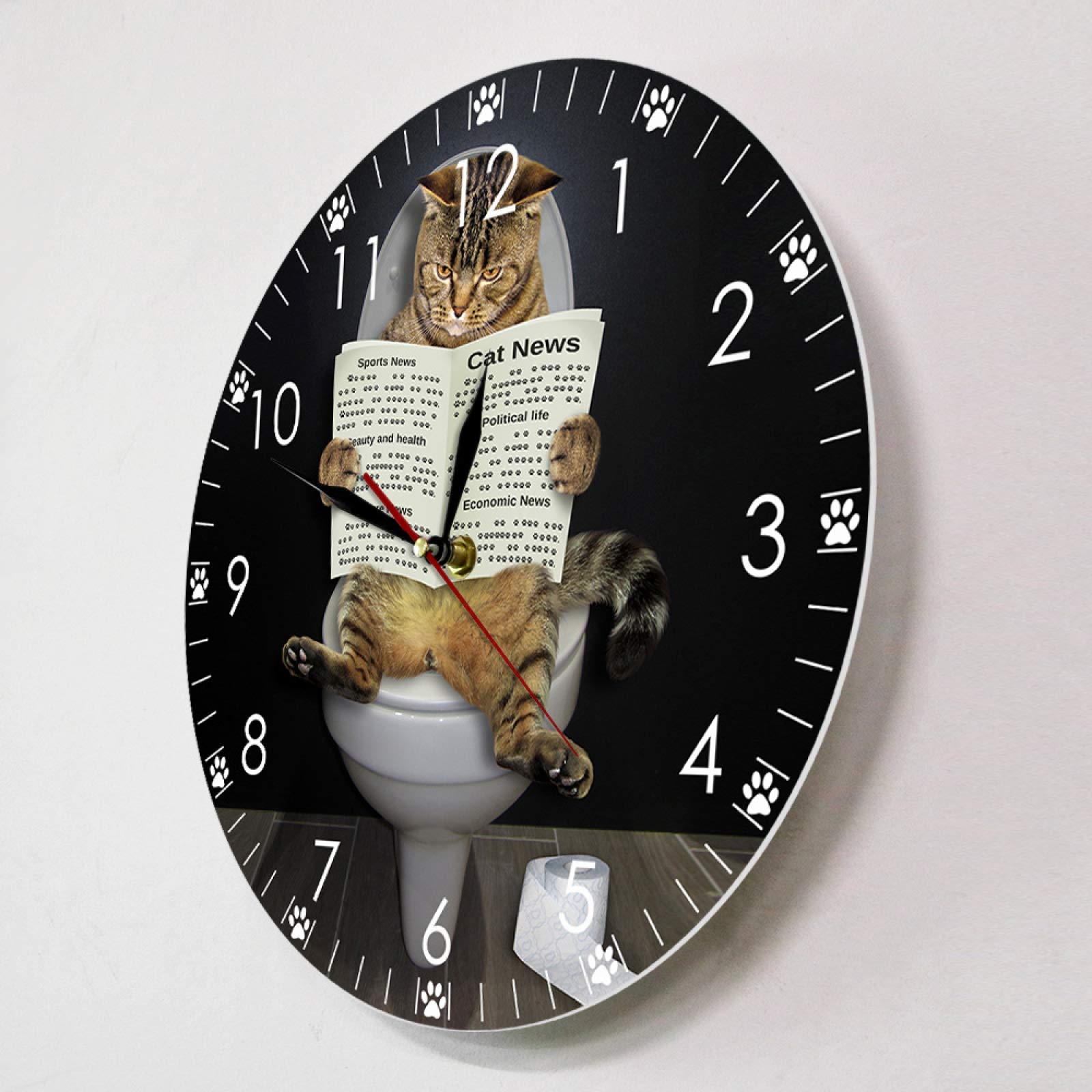 Funny Cat Wall Clock - Silent Non-Ticking Kitten on Toilet with Newspaper Design | Perfect Bathroom Decor, Bedroom Wall Art & Unique Gift for Cat Lovers | Ideal for Home, Office, or Pet-Themed Spaces