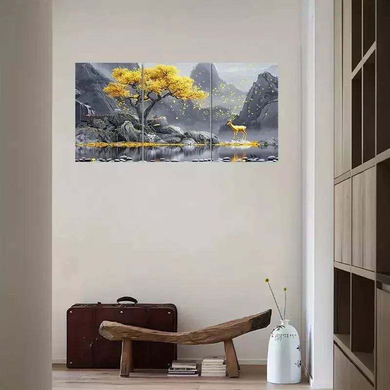 3-Piece Gray Background with Yellow Tree and Deer Wall Art Set - 50x70cm Framed Canvas - High Quality Print - 100% Australian Made - Ready to Hang - Perfect for Living Room, Bedroom & Office Decor