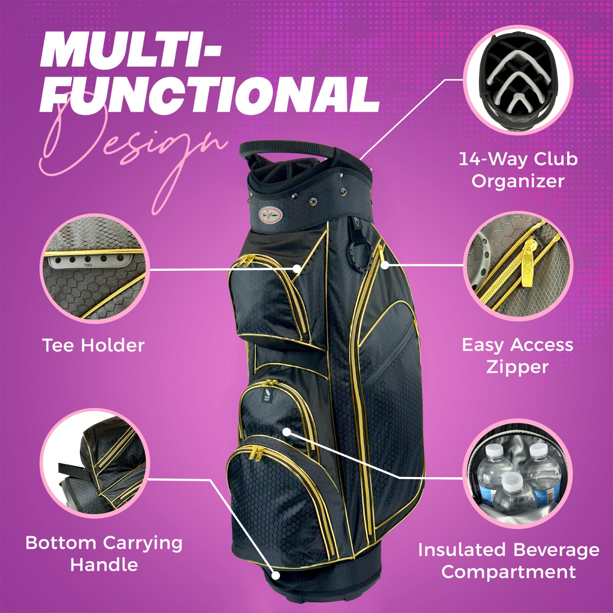 Lightweight Women's Golf Cart Bag - 14-Way Divider, 7 Zippered Pockets, Insulated Cooler & Rain Hood | Perfect for Ladies Golf Tournaments & Outdoor Practice
