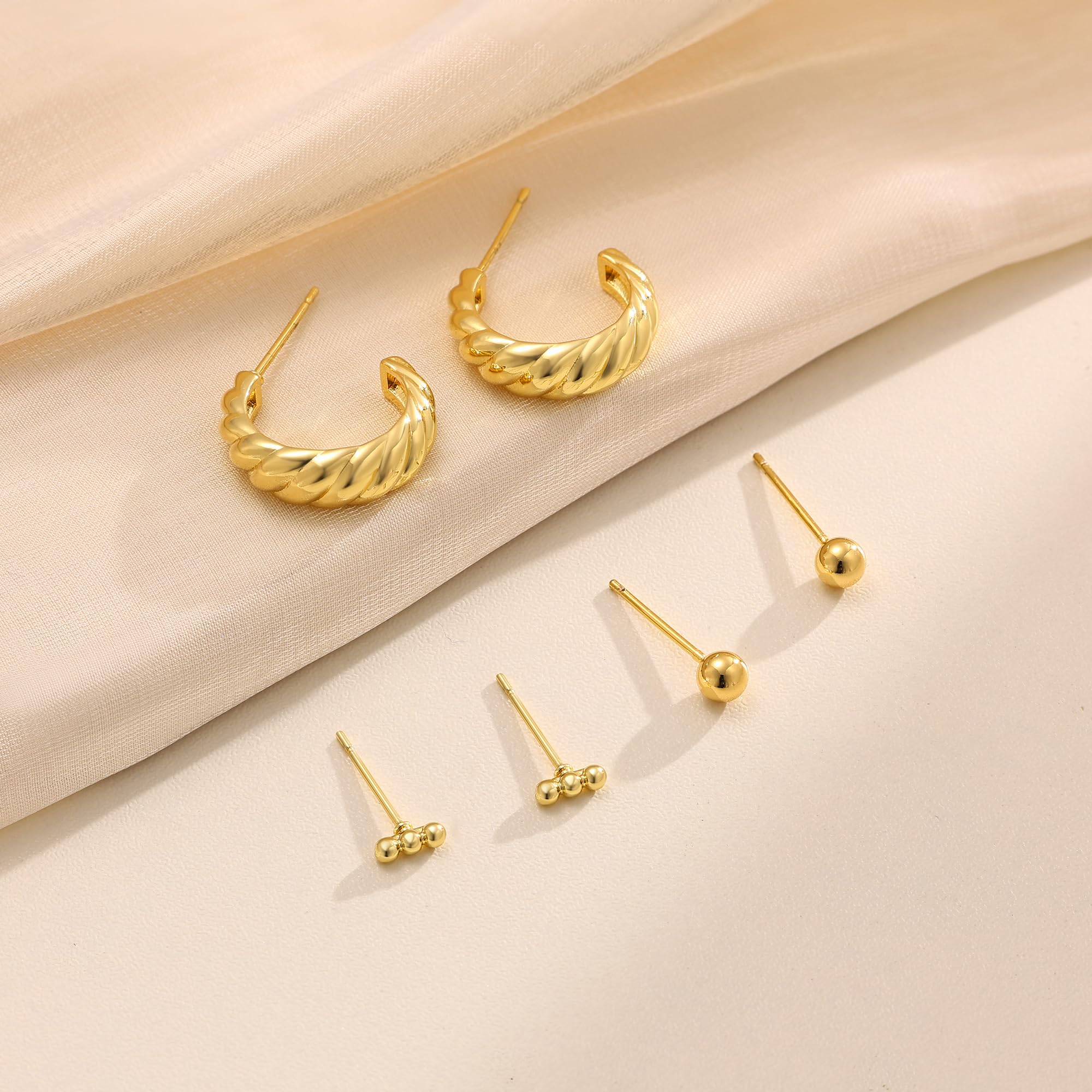 3 Pairs 14K Gold Plated Hoop Earrings Set for Women - Dainty Stud, Small Dangle & Cartilage Huggie Earrings - Hypoallergenic Trendy Gold Jewelry - Perfect Gift for Her, Everyday Wear & Special Occasions