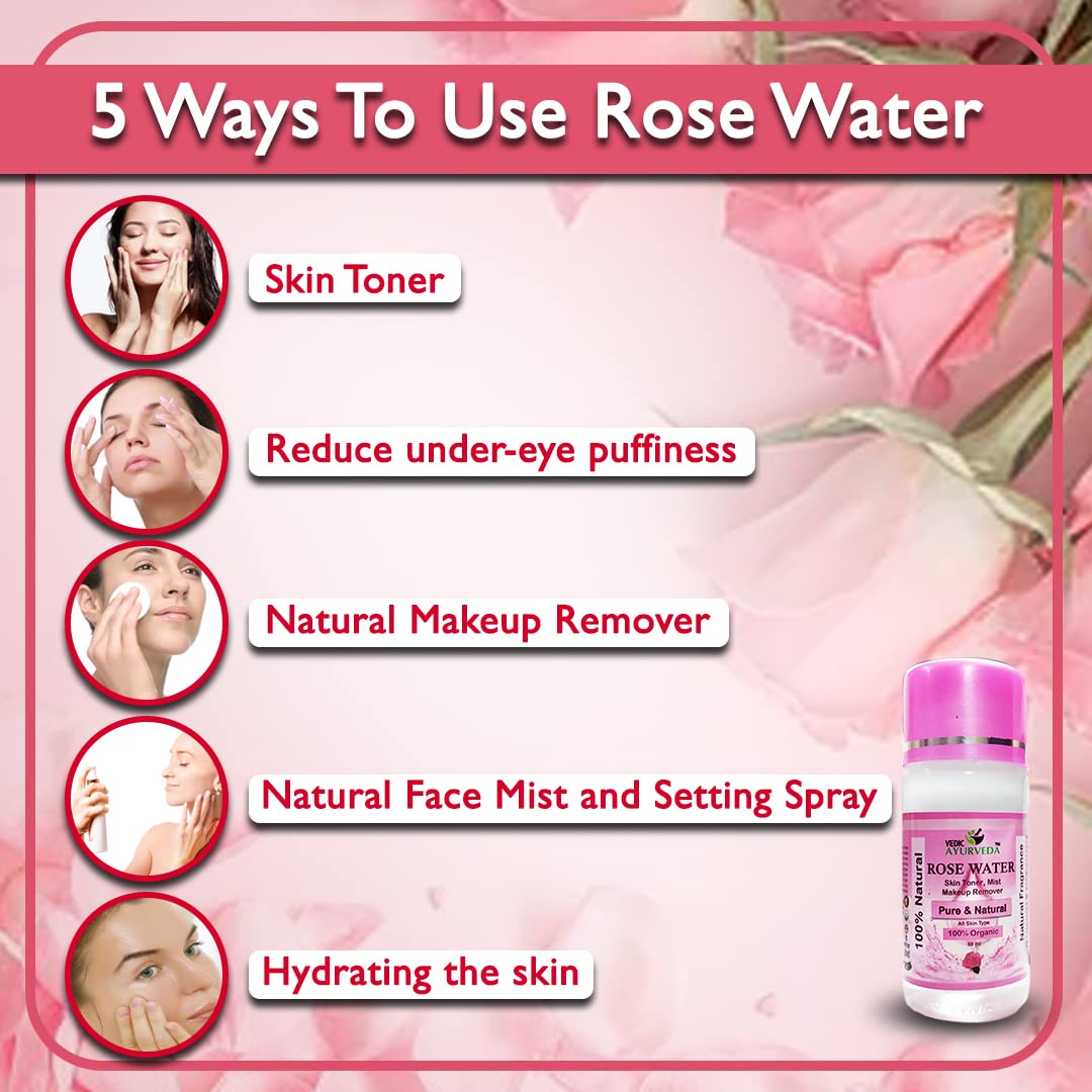 VEDICAYURVEDA Pure Rose Water for Skin Care - Hydrating Face Toner, Brightening & Glowing Skin, Natural Makeup Remover (Pack of 4) | Perfect for Daily Skincare Routine & Post-Makeup Refreshment