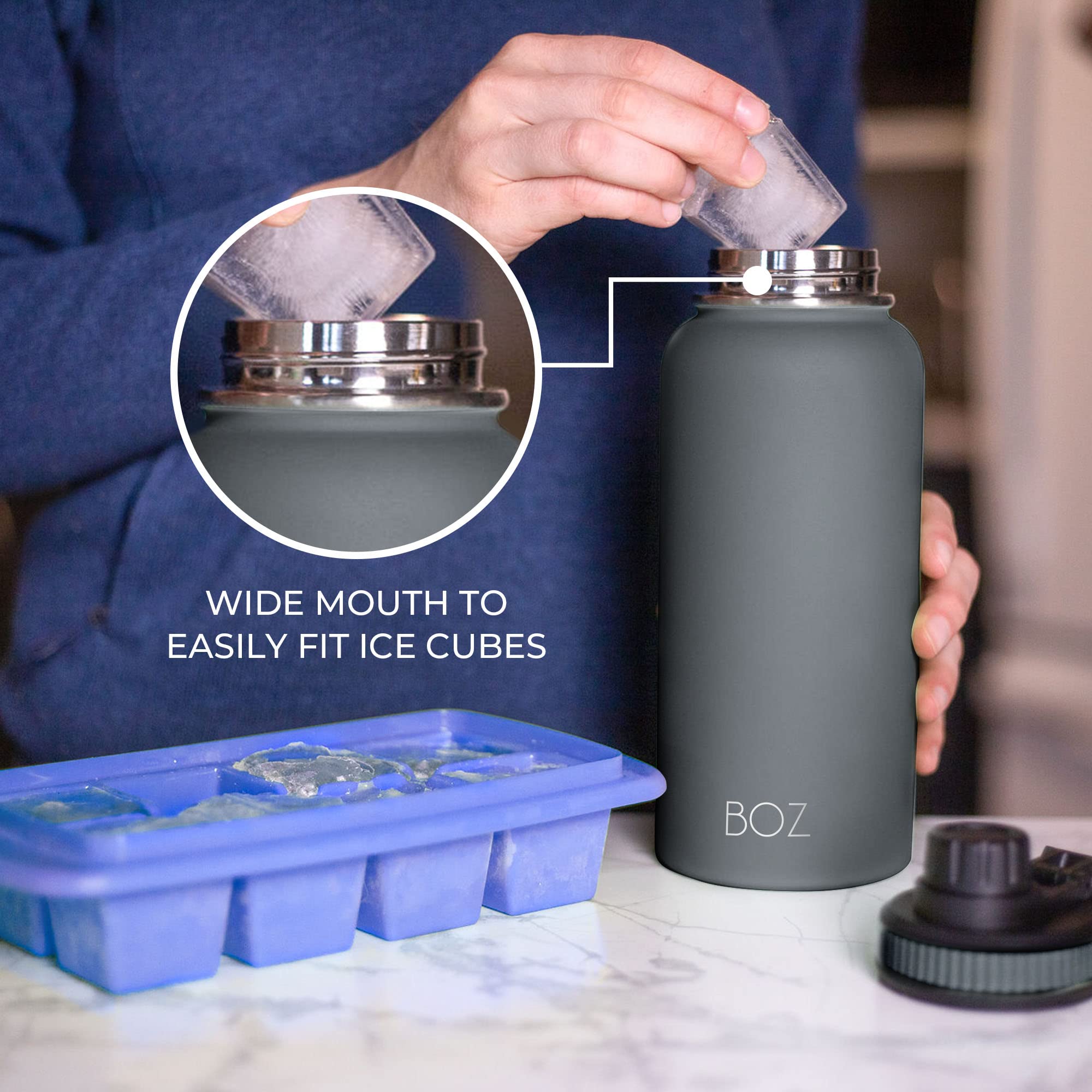 BOZ 32oz Stainless Steel Water Bottle - Wide Mouth, BPA Free, Double Wall Vacuum Insulated for Hot & Cold Drinks - Perfect for Gym, Hiking, Camping & Outdoor Activities (Grey)