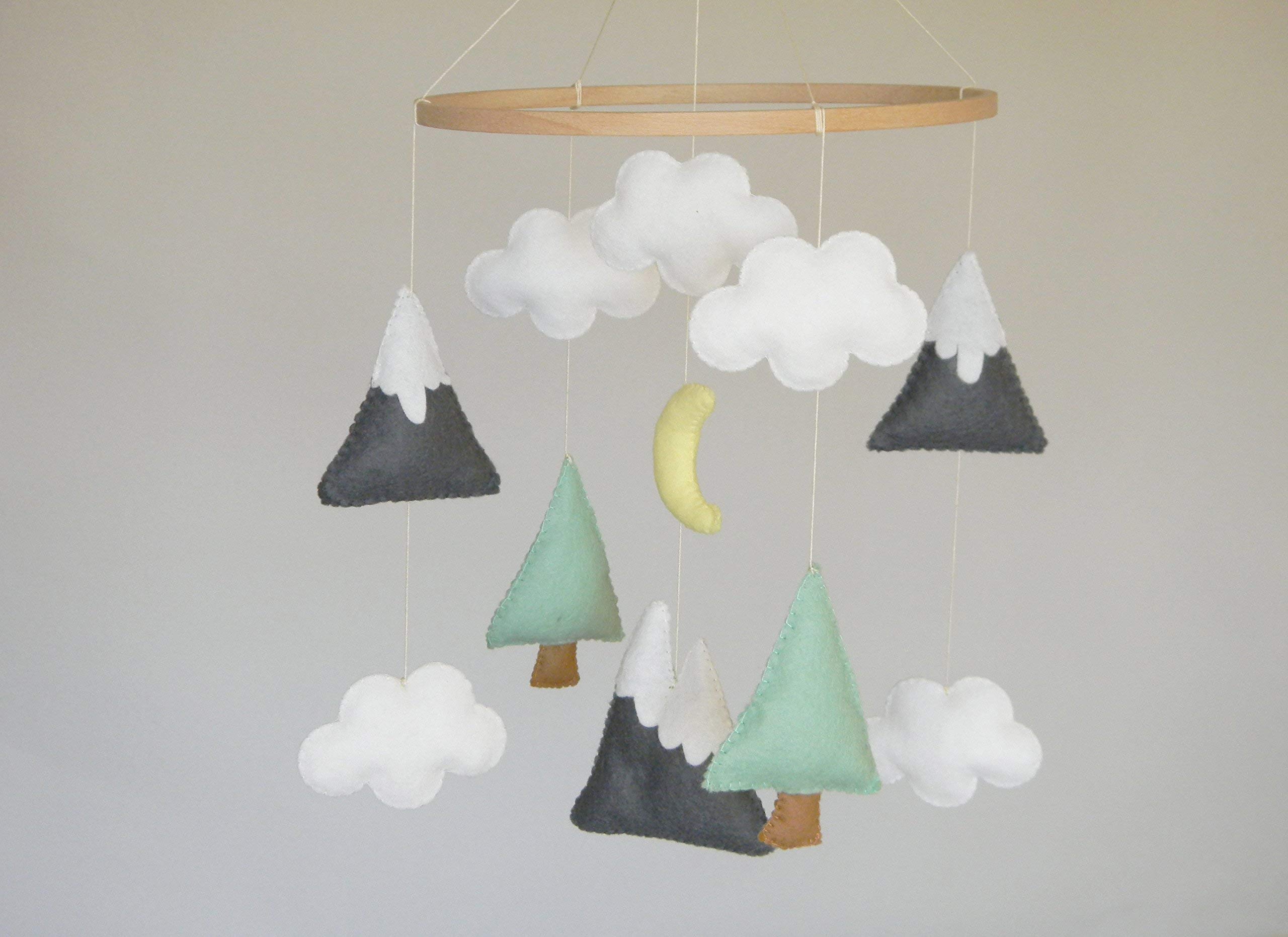 Modern Felt Mountains & Trees Baby Crib Mobile - Gray Nursery Decor with Clouds for Newborns | Perfect for Soothing Infants & Decorating Gender-Neutral Nurseries