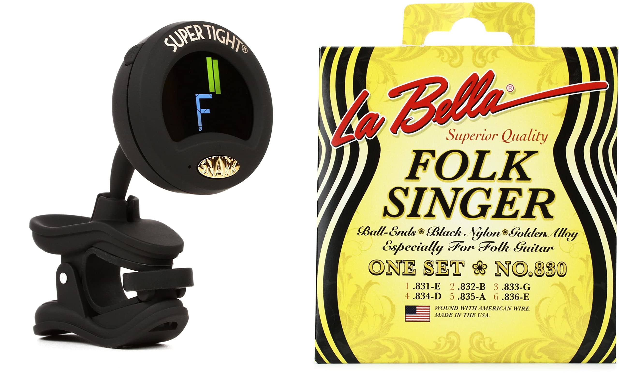 Snark ST-8 Super Tight Chromatic Tuner Bundle with 830 Folksinger Ball-End Black Nylon & Golden Alloy Guitar Strings - Medium Tension for Acoustic & Electric Guitars | Perfect for Live Performances, Studio Recording & Practice Sessions