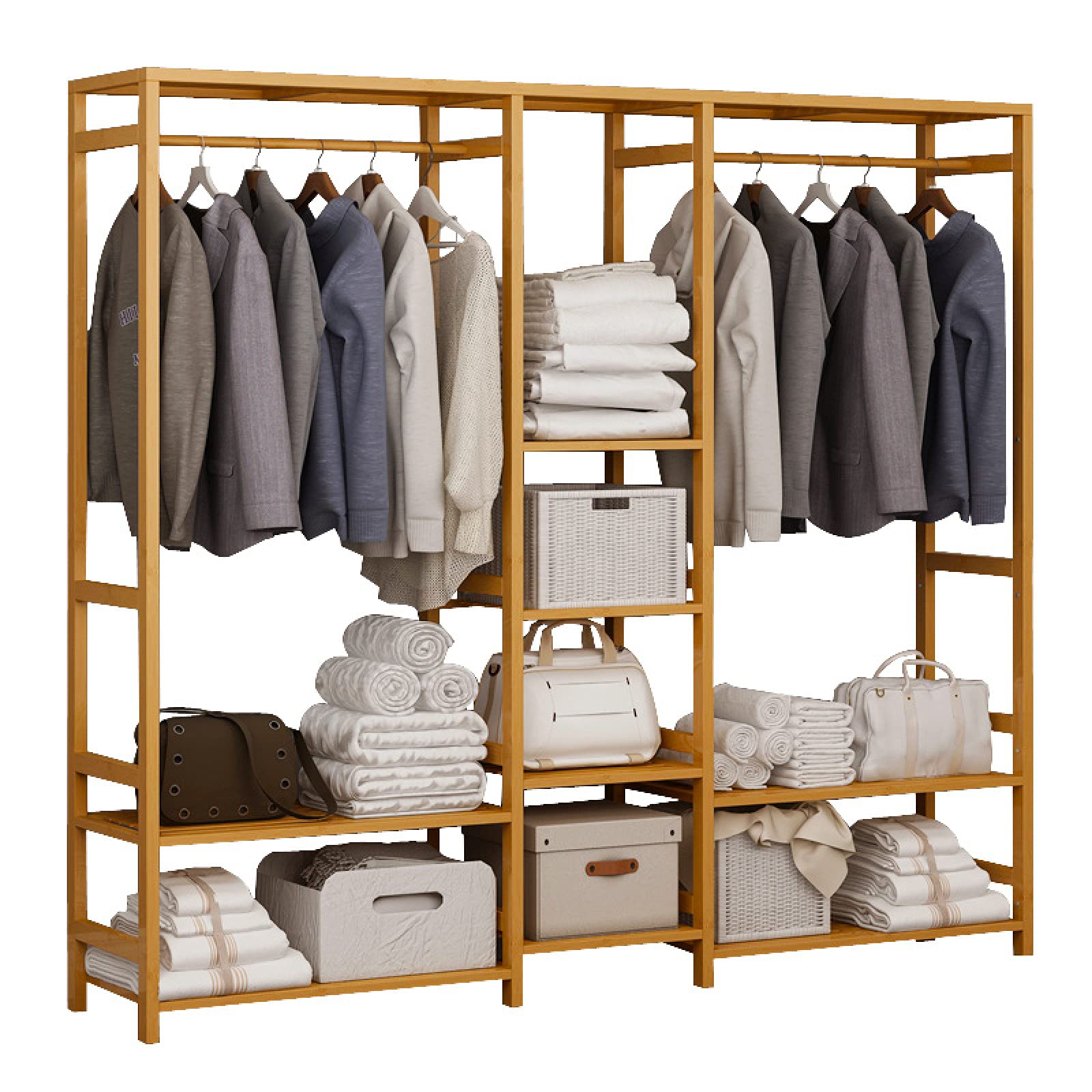 GAOYH Heavy Duty Bamboo Clothes Rack with 8 Shelves & 2 Garment Rails - Sturdy Wardrobe Organizer for Clothing Storage | Perfect for Bedroom, Closet, Laundry Room & Retail Store Display