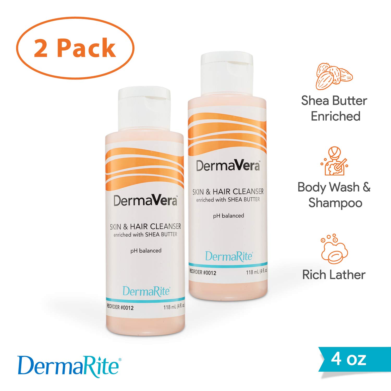 DermaRite DermaVera Skin & Hair Cleanser - pH Balanced Shampoo & Body Wash with Moisturizing Shea Butter - 4 oz Squeeze Bottle (2 Pack) - Gentle Cleansing for Dry, Sensitive Skin & Scalp - Perfect for Daily Shower & Hair Care Routine