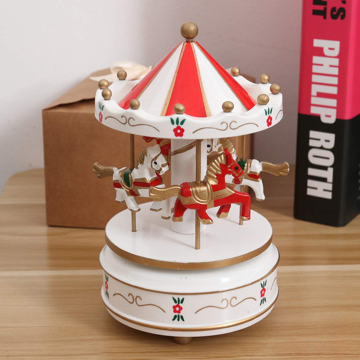 Vosarea Wooden Carousel Music Box - Handcrafted Decorative Desktop Musical Toy with Melodies | Perfect Gift for Christmas, Birthday, Valentine's Day | Home Decor, Nursery Room, Wedding Centerpiece (Red)