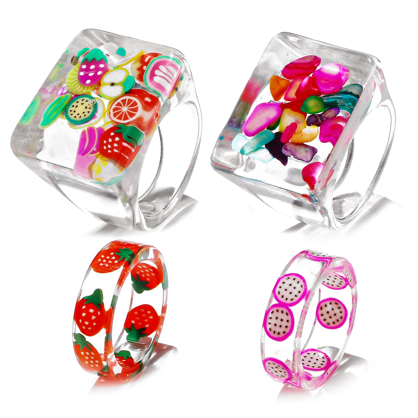 4-12 Pcs Colorful Resin Fruit Rings Set - Transparent Strawberry, Kiwi, Lemon, Apple, Grape, Dragon Fruit, Grapefruit, Orange & Watermelon Designs - Cute Stackable Knuckle Rings for Women & Teen Girls - Perfect for Parties, Gifts & Everyday Fashion Accessories