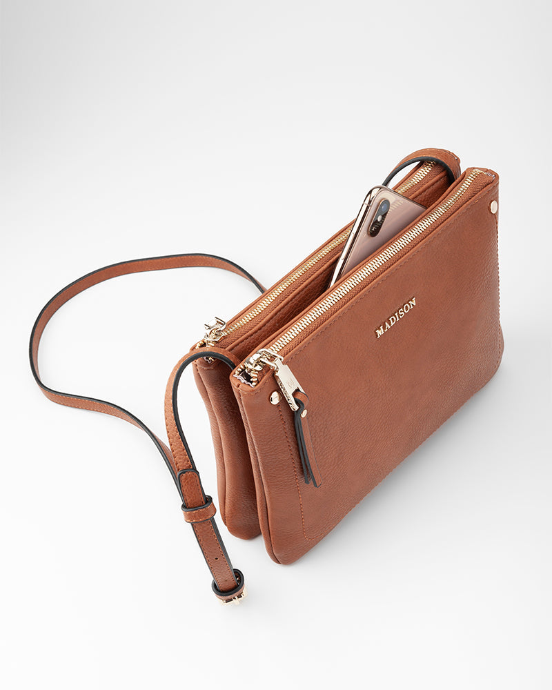Charlotte Double Zip Crossbody Bag with Fixed Strap - Stylish & Secure Hands-Free Purse for Women, Perfect for Travel, Shopping & Everyday Use