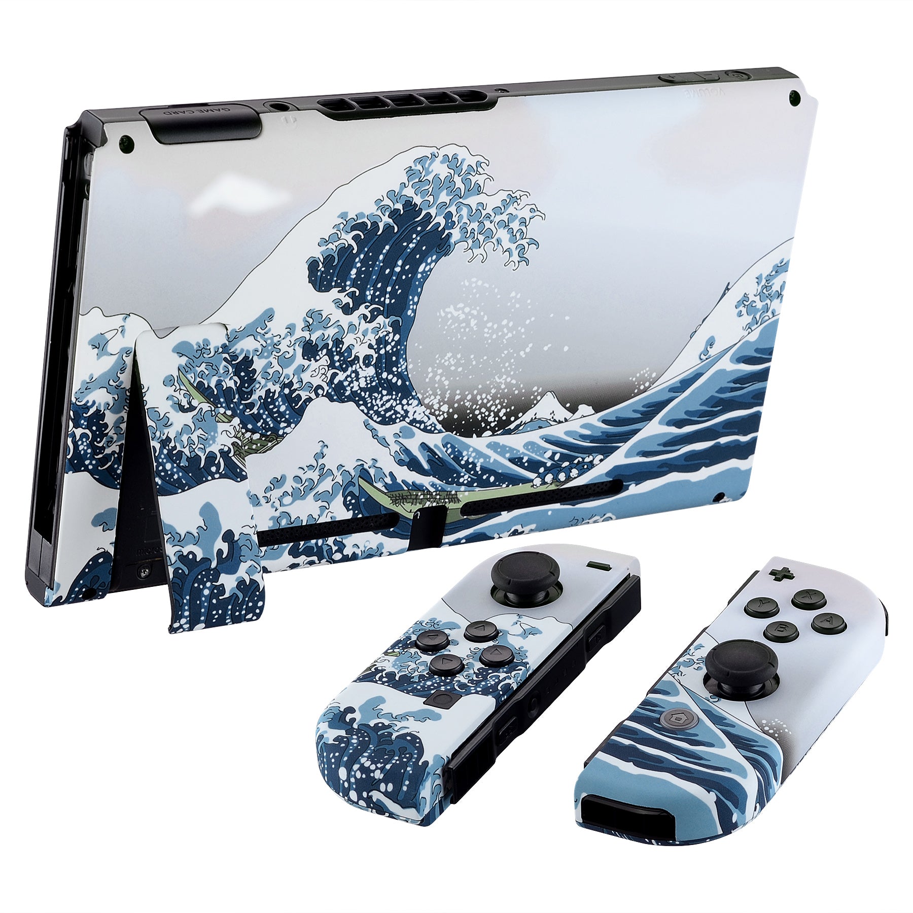 eXtremeRate Soft Touch Grip The Great Wave Back Plate for Nintendo Switch - DIY Replacement Shell with Full Button Set - Upgrade Your Joycon Controller Housing - Perfect for Gaming, Travel & Home Entertainment