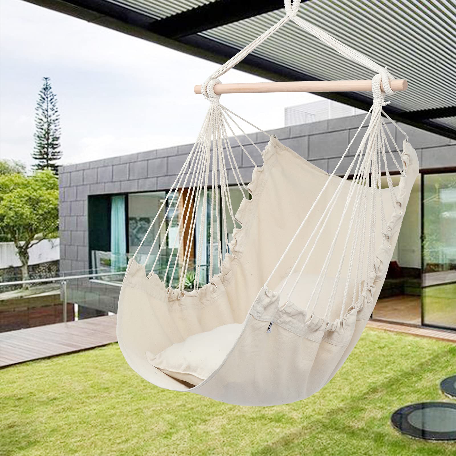 ONCLOUD Hanging Rope Hammock Chair Swing Seat with 2 Cushions - Indoor/Outdoor Use for Yard, Bedroom, Patio, Porch - Perfect for Relaxing, Reading & Lounging (Beige)