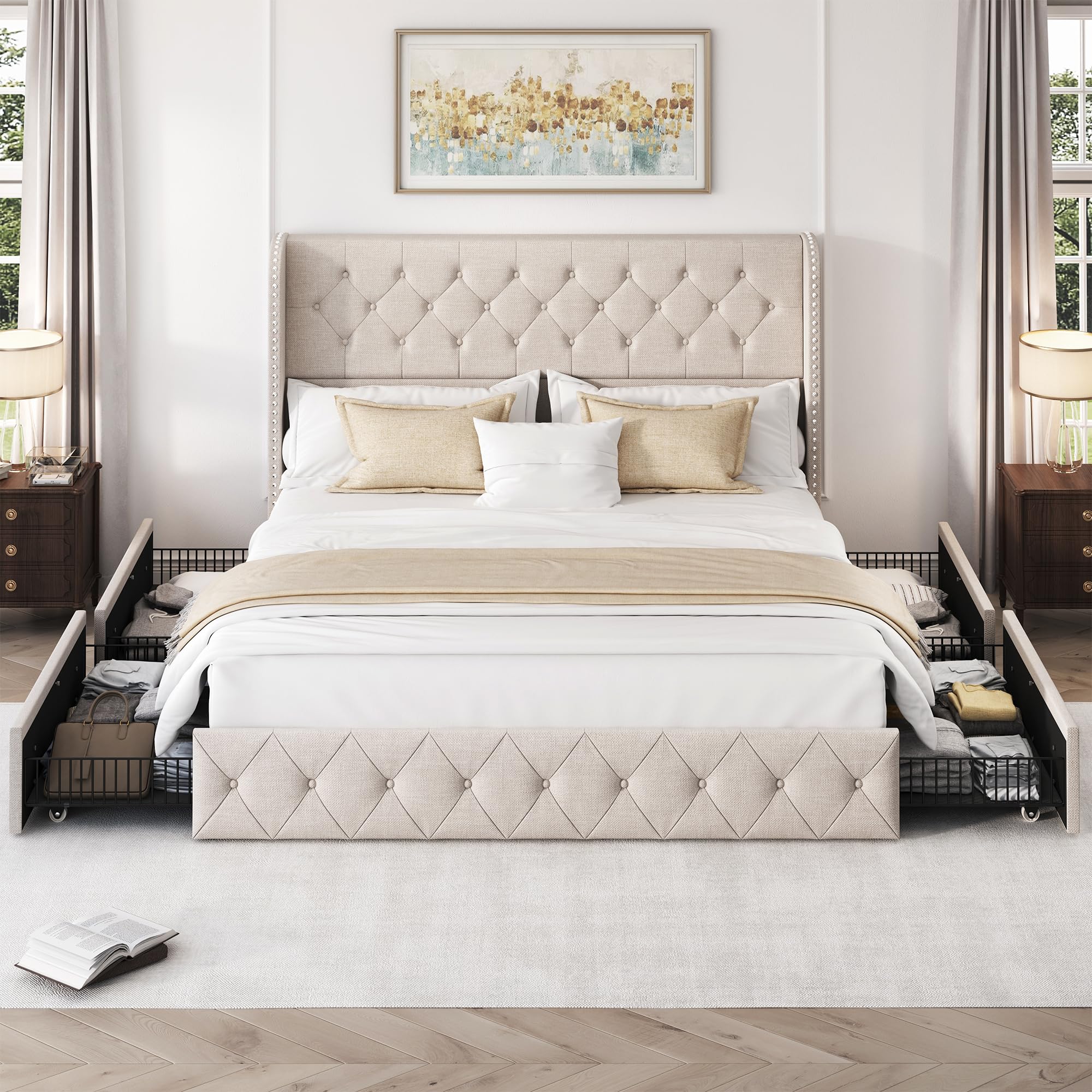 King Size Bed Frame with 4 Storage Drawers & Tufted Headboard - Linen Upholstered Platform Bed with Wooden Slats Support - Easy Assembly Wingback Bed in Beige - Perfect for Master Bedroom, Guest Room & Small Space Storage Solutions