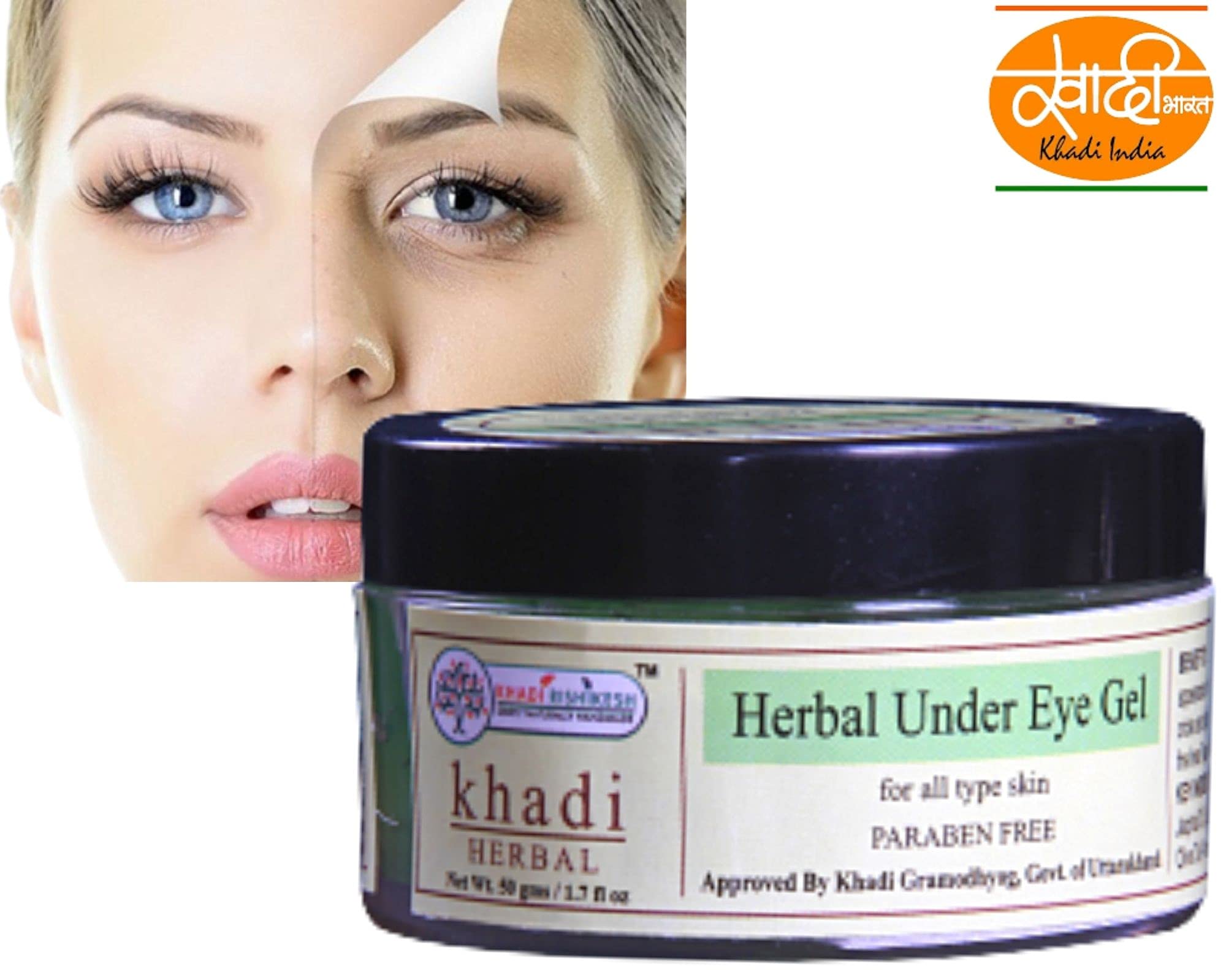 Khadi Rishikesh Herbal Under Eye Cream Gel for Dark Circles, Puffy Eyes & Wrinkles - Reduces Fine Lines with Jaiphal Oil & Sandal Olive - 50gm for Women & Men (Includes Free Keychain) - Perfect for Nighttime Skincare Routine & Travel