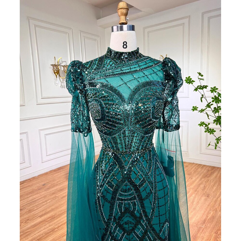 Luxury Emerald Green Evening Dresses with Cape Sleeves - Elegant Women's Wedding Party Gowns for Special Occasions | Serene Hill LA72077 | Perfect for Galas, Proms, and Formal Events