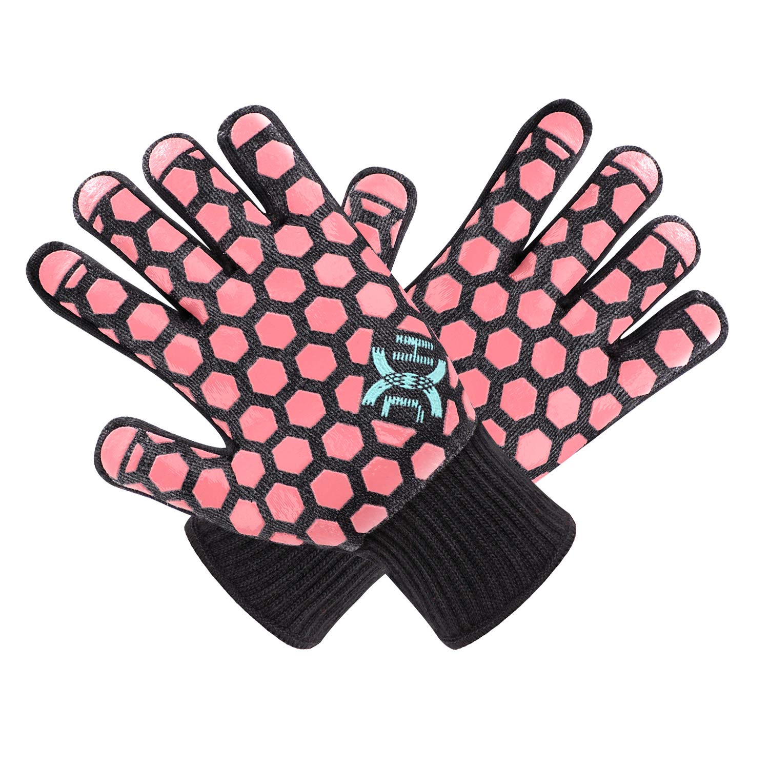 Heat Resistant Oven Gloves - EN407 Certified Up to 932°F, Double Layer Silicone Coating for Maximum Protection - Perfect for Baking, Cooking, Grilling & Fireplace Use - One Pair (Black with Coral Trim, Universal Women's Size) - Ideal for Home Kitchens, BBQ Parties & Camping