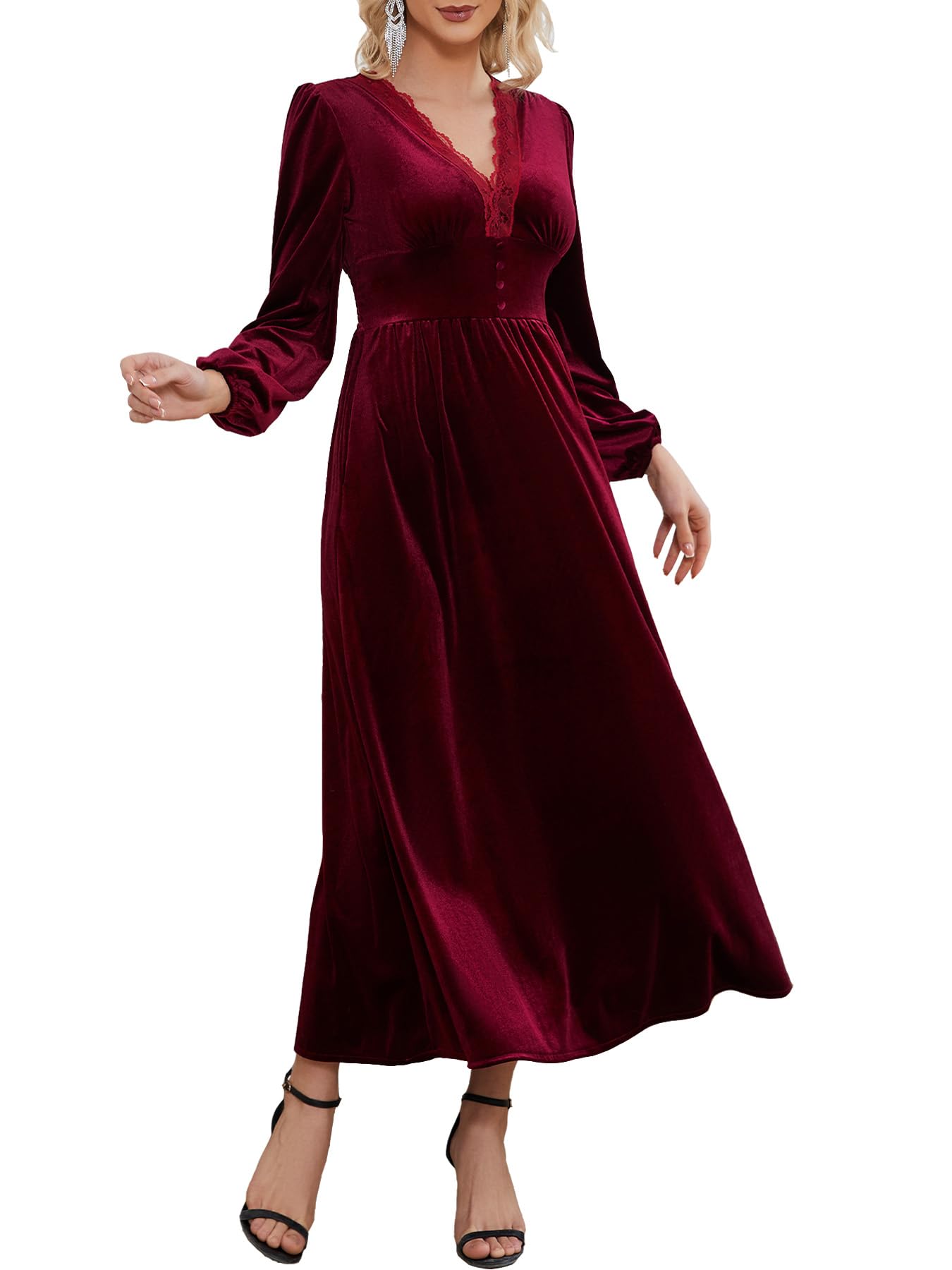 Elegant Women's Velvet Maxi Dress with V-Neck & Lace Trim - Smocked Waist Formal Wedding Guest Dress with Pockets | Perfect for Evening Parties, Bridal Showers & Special Occasions